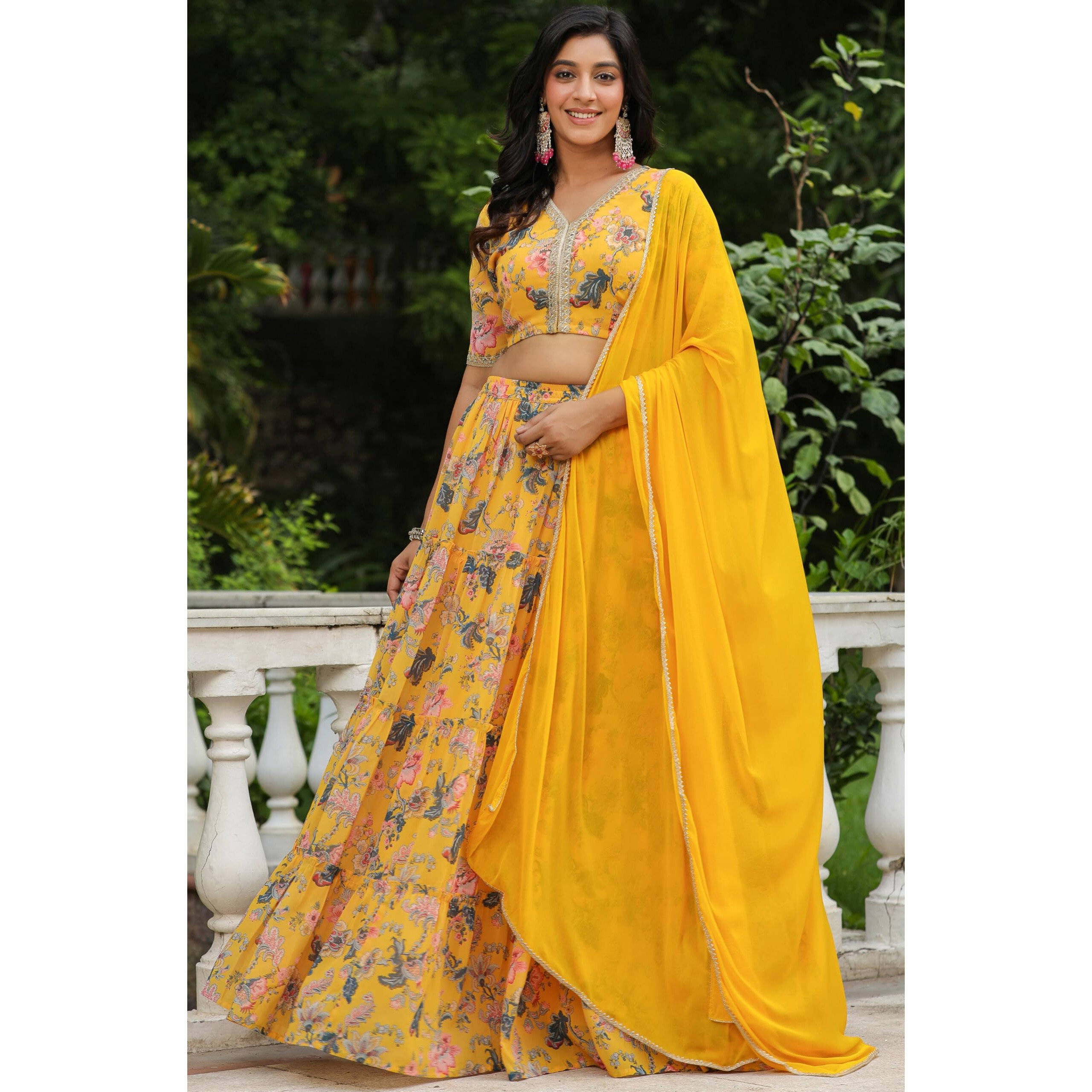 Janasya Women's Yellow Georgette Floral Printed Tiered Lehenga Choli Set (JAB24LC00586-XXL)