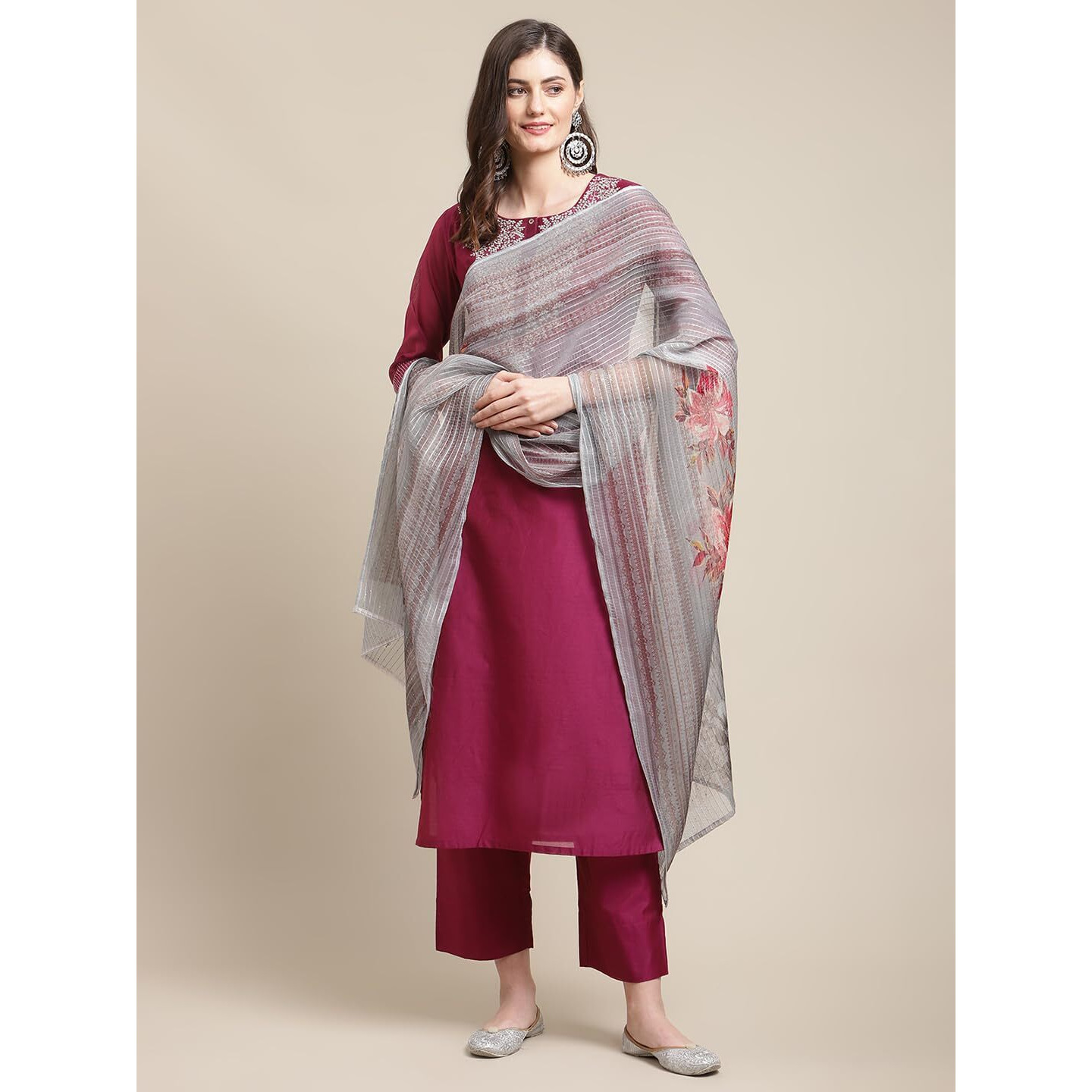 Varanga Women Magenta Zari Embroidery Kurta Trouser Set with Floral Printed Organza Dupatta  Elegant Ethnic Wear for Women, Perfect for Festive & Special Occasions
