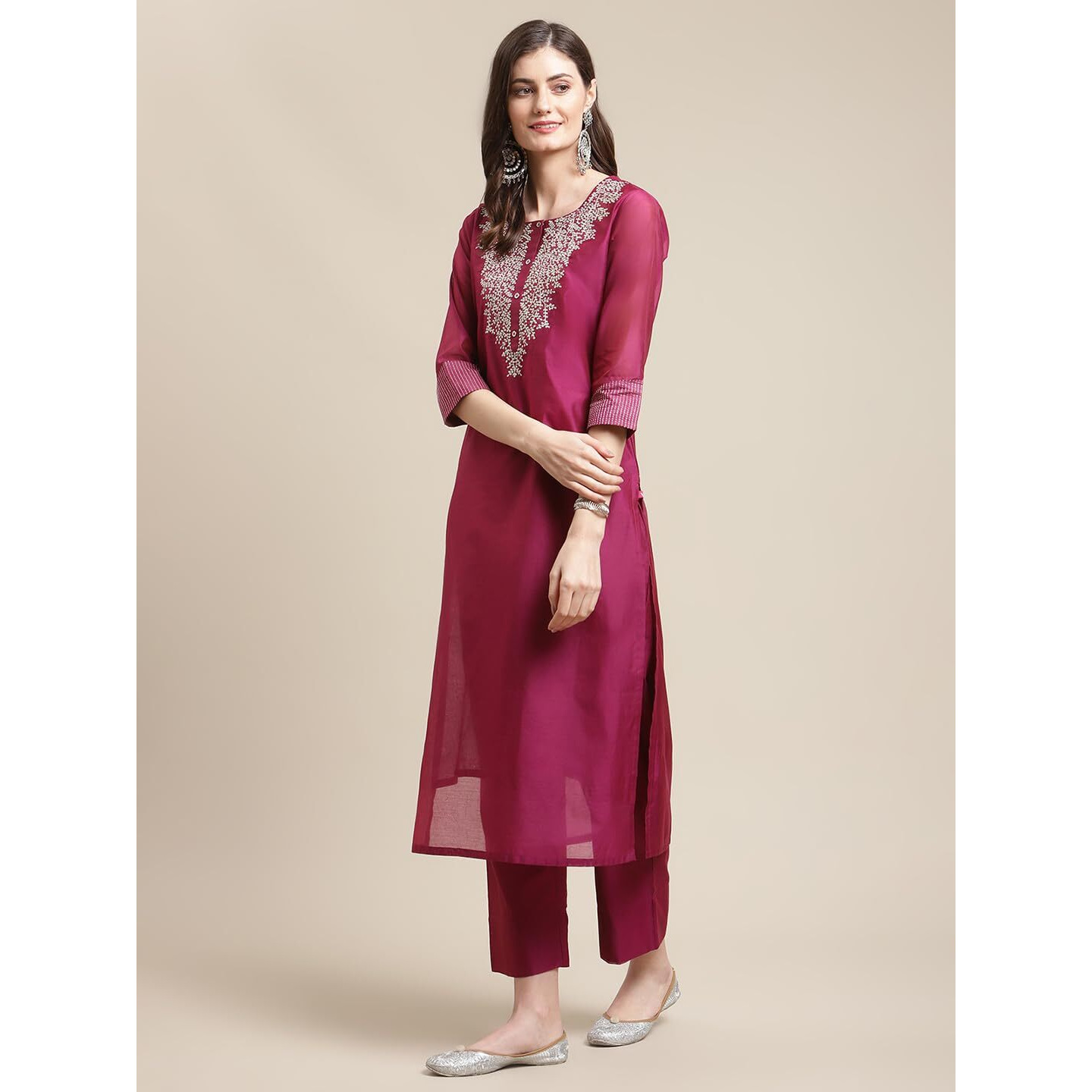 Varanga Women Magenta Zari Embroidery Kurta Trouser Set with Floral Printed Organza Dupatta  Elegant Ethnic Wear for Women, Perfect for Festive & Special Occasions