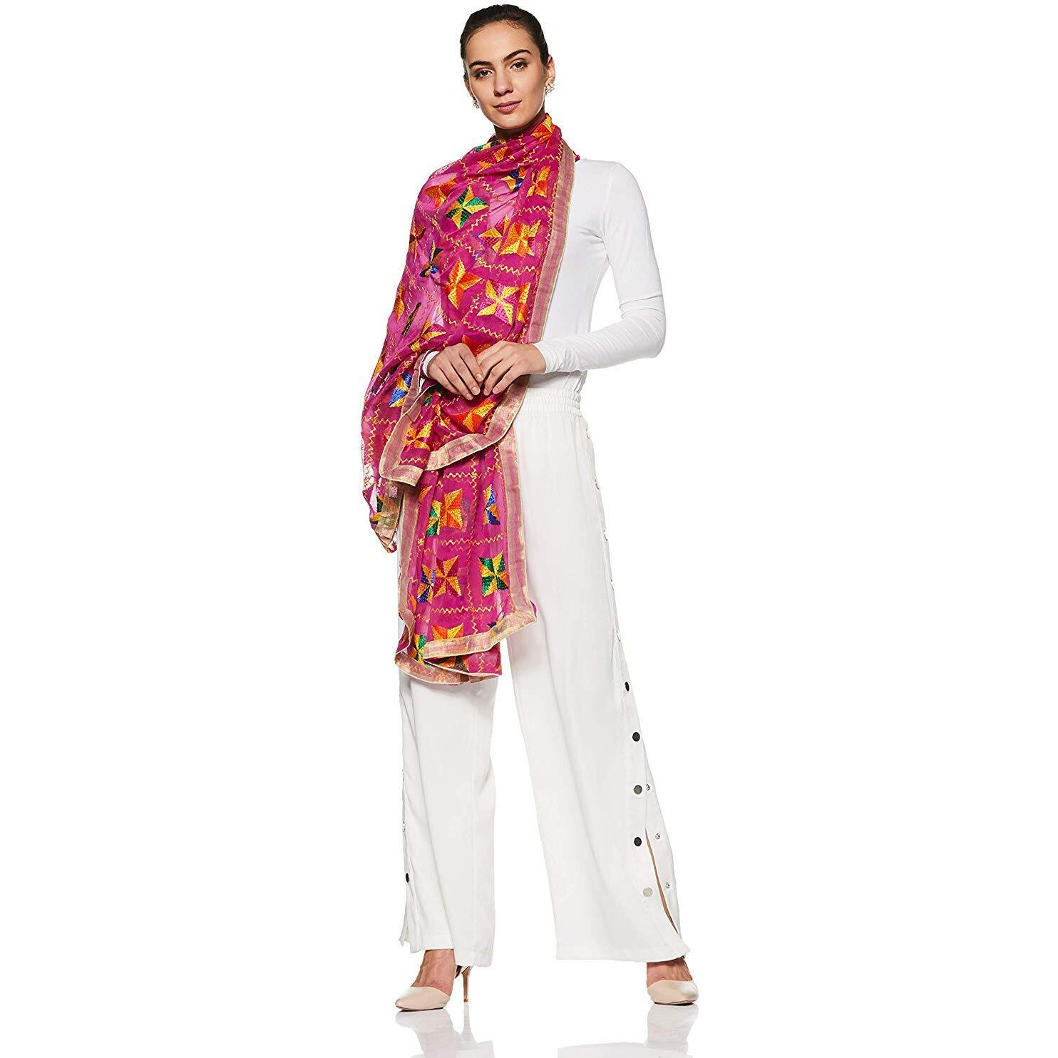 Weavers Villa Women's Phulkari Dupatta (Pink, 2.25 Mtrs)
