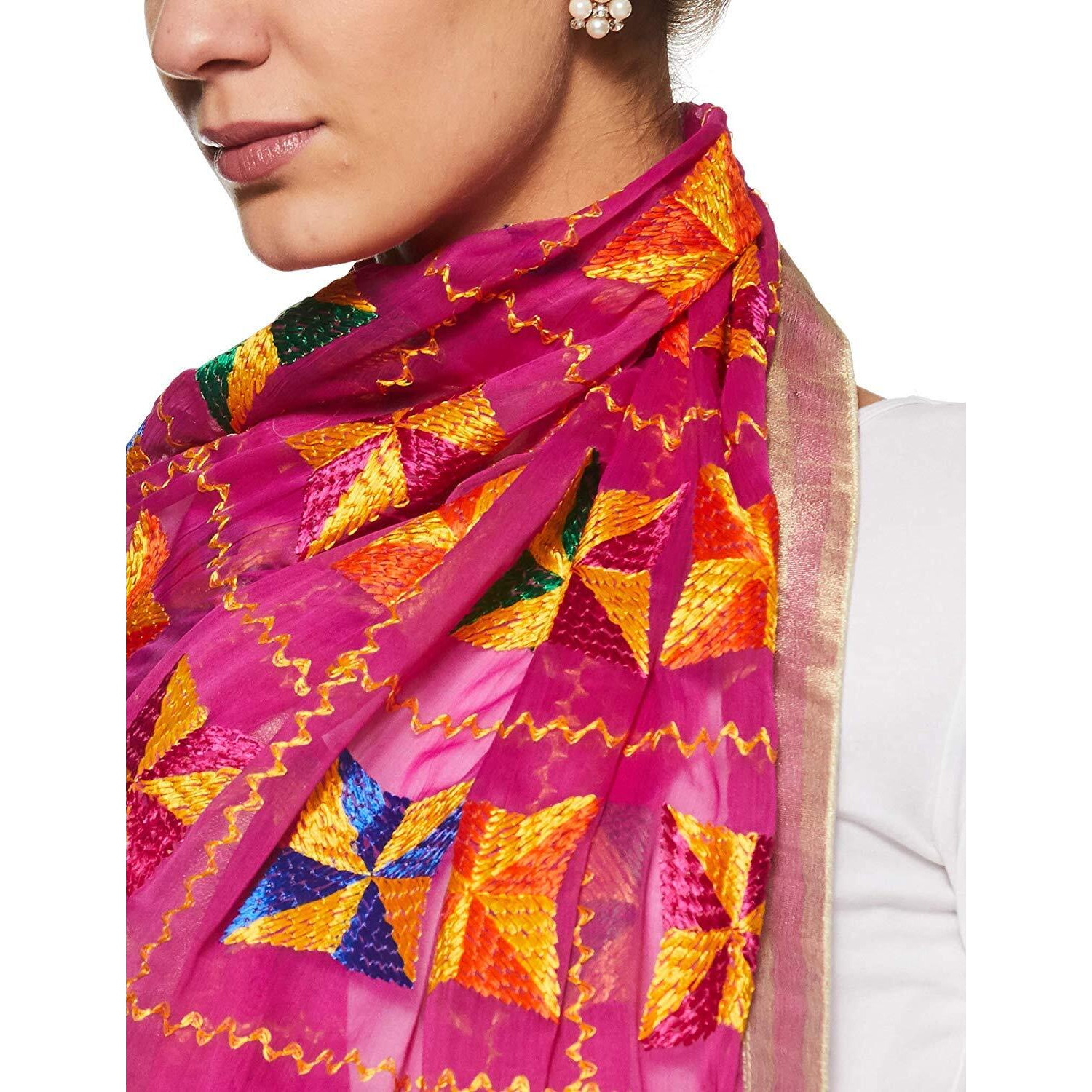 Weavers Villa Women's Phulkari Dupatta (Pink, 2.25 Mtrs)