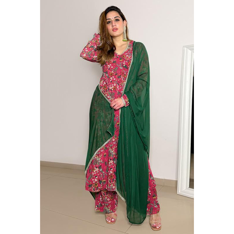 Janasya Women's Pink Georgette Digital Floral Printed Kurta with Palazzo and Dupatta(SET757-KR-PP-TJ-A-M)