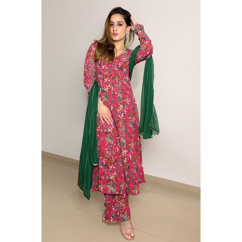 Janasya Women's Pink Georgette Digital Floral Printed Kurta with Palazzo and Dupatta(SET757-KR-PP-TJ-A-M)