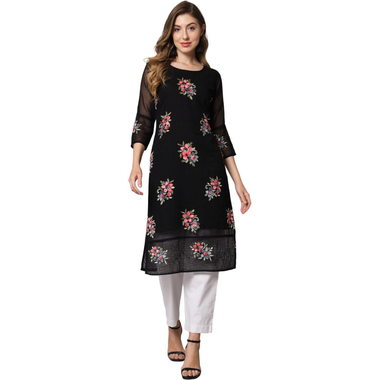Ekasya Women's Georgette Straight Cut Round Neck Kurta with Beautiful Floral Embroidery Work (E1549) Black