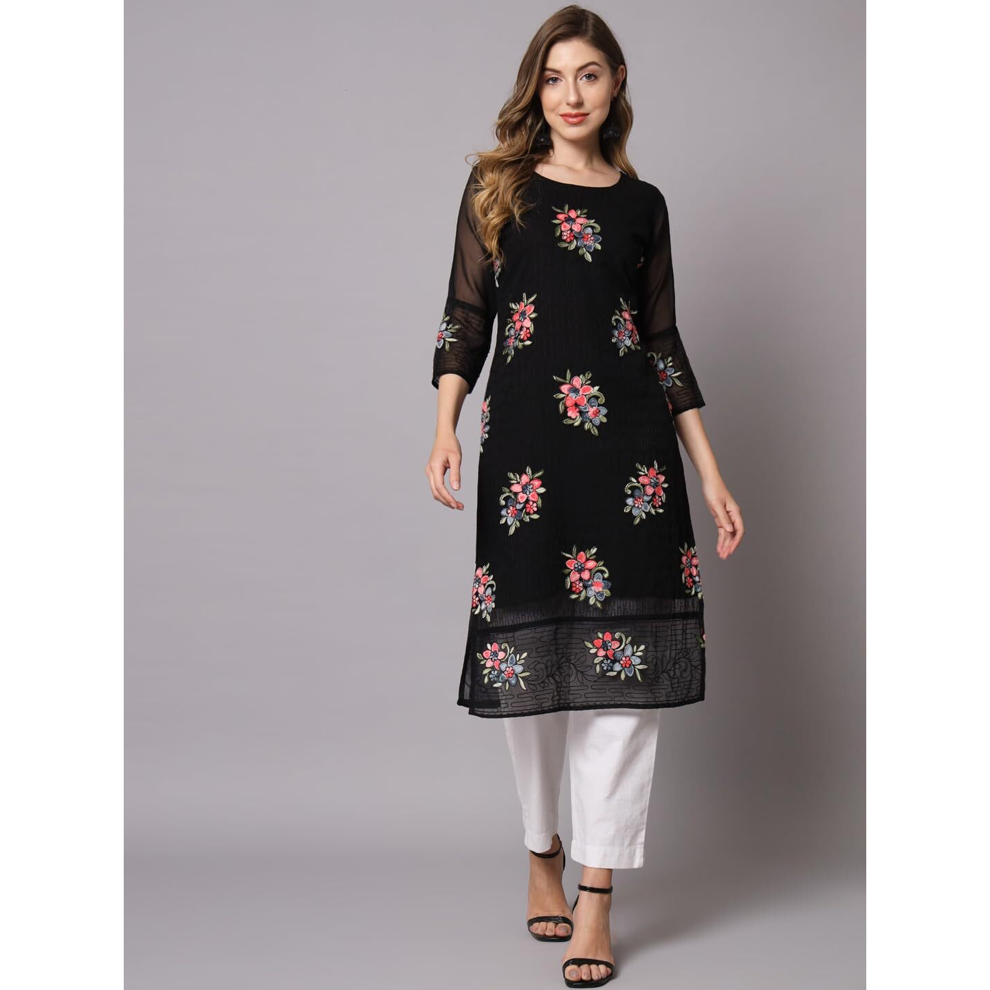 Ekasya Women's Georgette Straight Cut Round Neck Kurta with Beautiful Floral Embroidery Work (E1549) Black