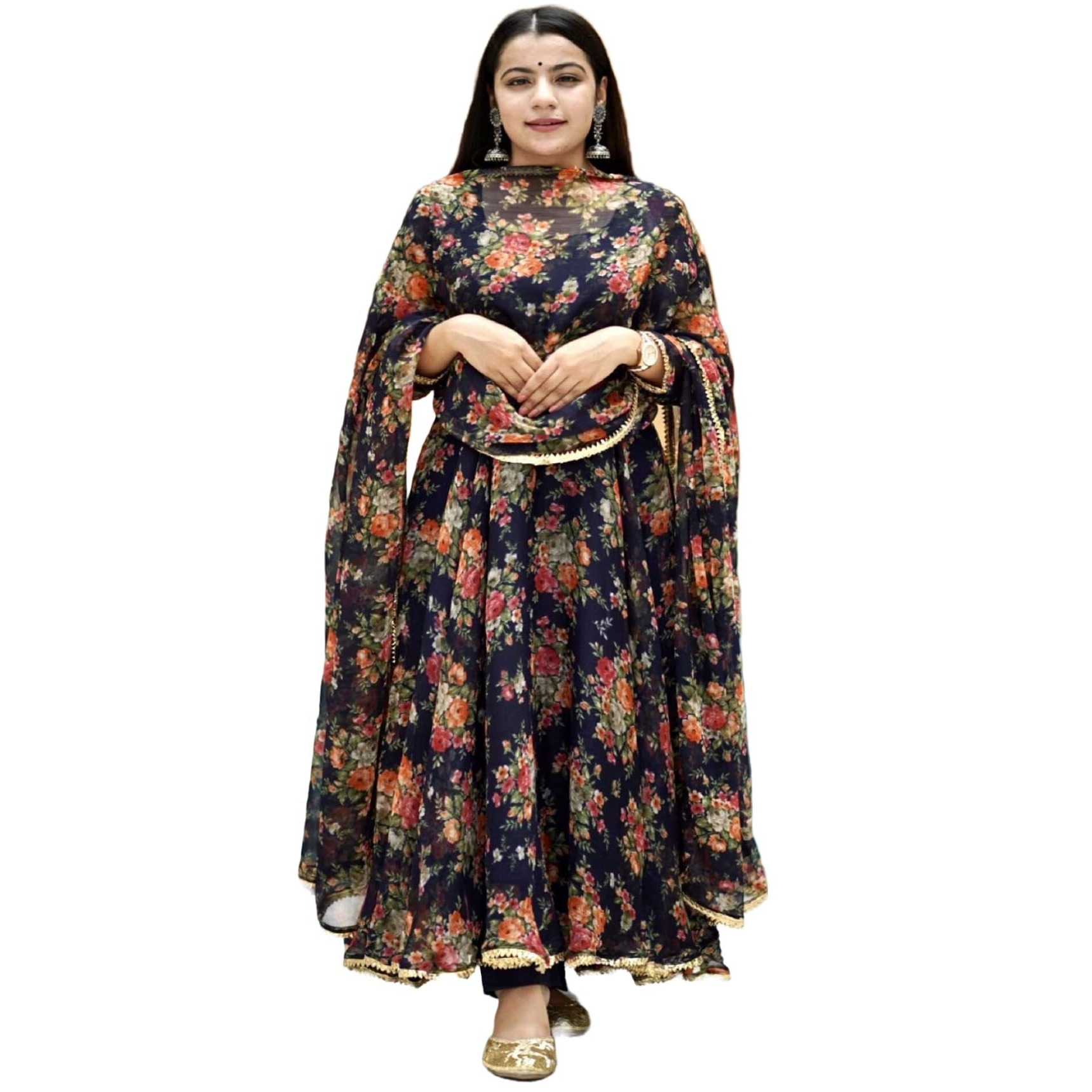 GoSriKi Women's Georgette Anarkali Printed Kurta with Pant & Dupatta (Atasi Blue-Nw2_L-GS_Dark Blue_Large)