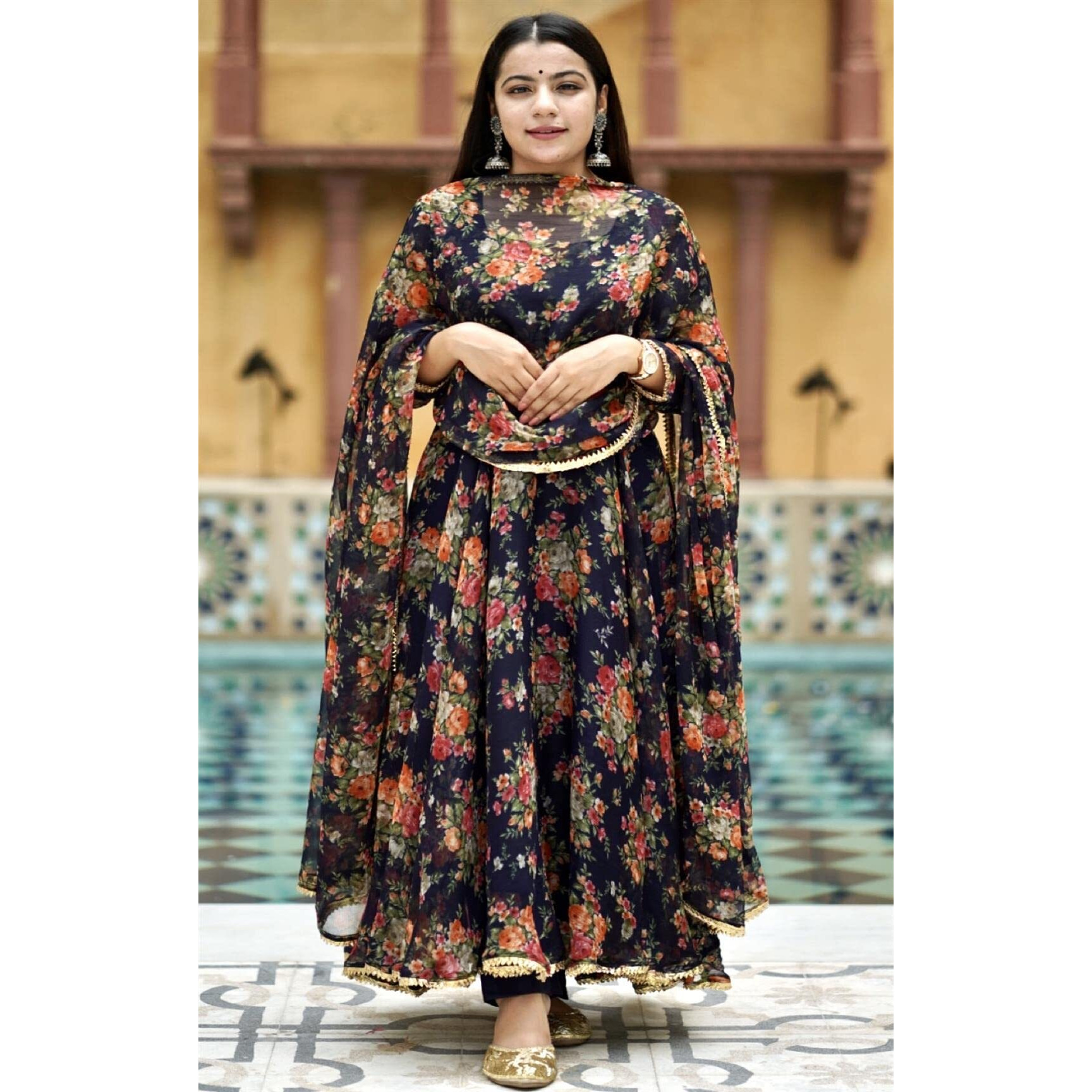 GoSriKi Women's Georgette Anarkali Printed Kurta with Pant & Dupatta (Atasi Blue-Nw2_L-GS_Dark Blue_Large)