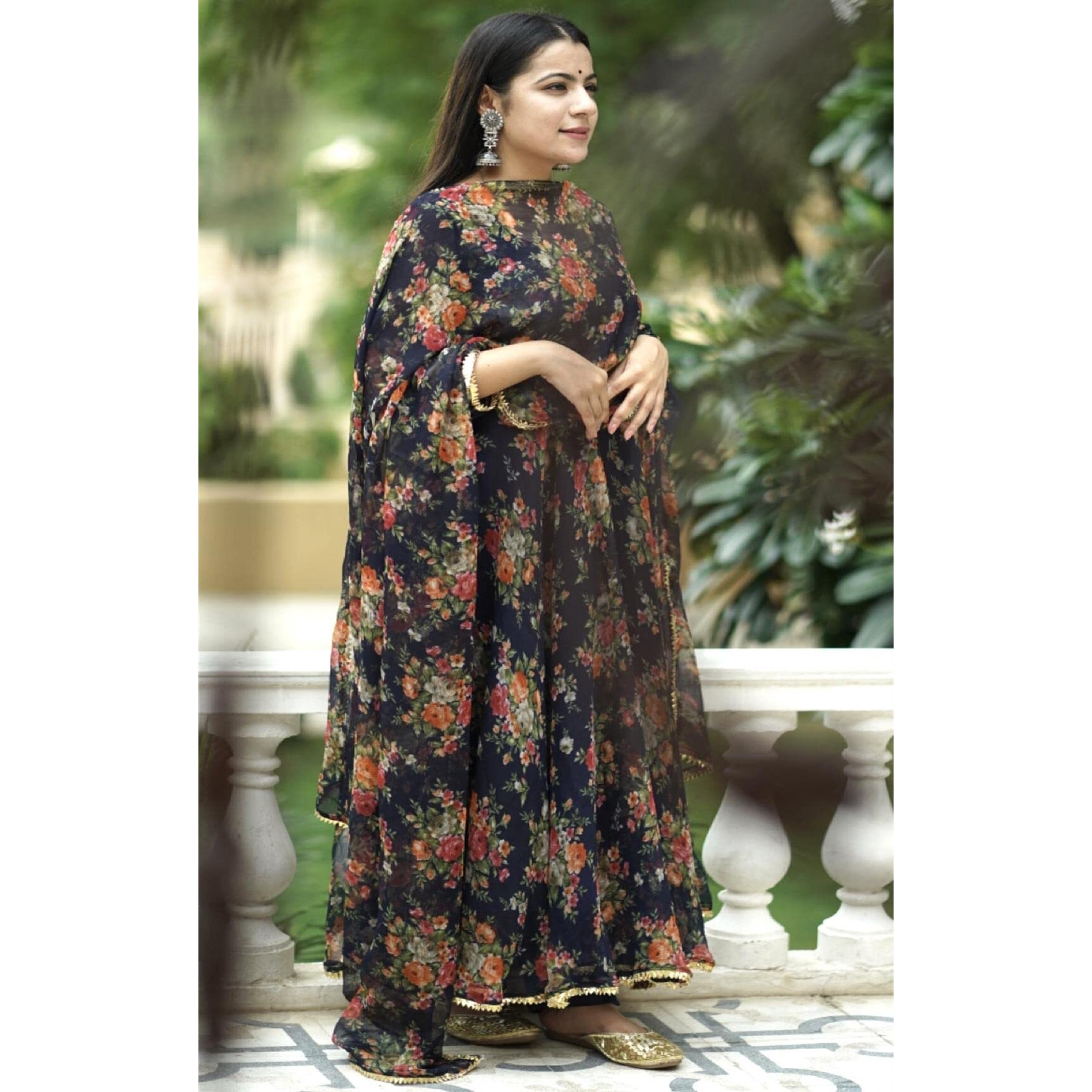 GoSriKi Women's Georgette Anarkali Printed Kurta with Pant & Dupatta (Atasi Blue-Nw2_L-GS_Dark Blue_Large)