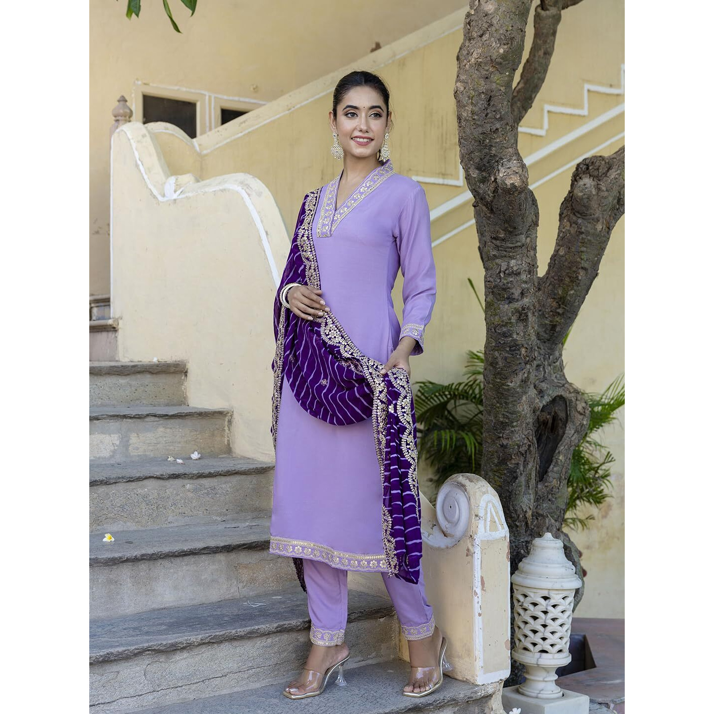 Navlik Women's Purple Viscose Embroidered Straight Kurta with Viscose Pant and Silk Blend Laced Dupatta Sets (NK2-450-Purple-M)