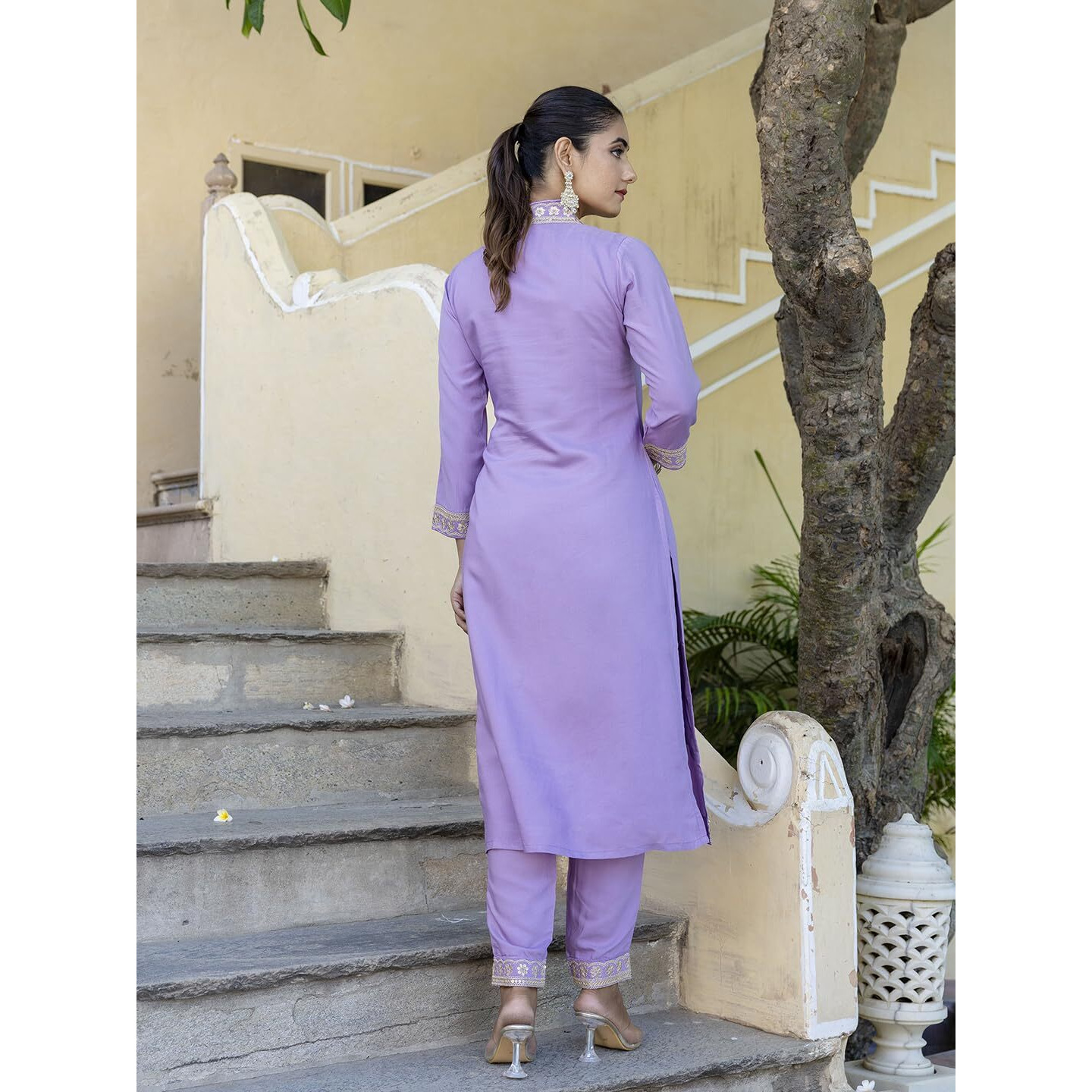 Navlik Women's Purple Viscose Embroidered Straight Kurta with Viscose Pant and Silk Blend Laced Dupatta Sets (NK2-450-Purple-M)