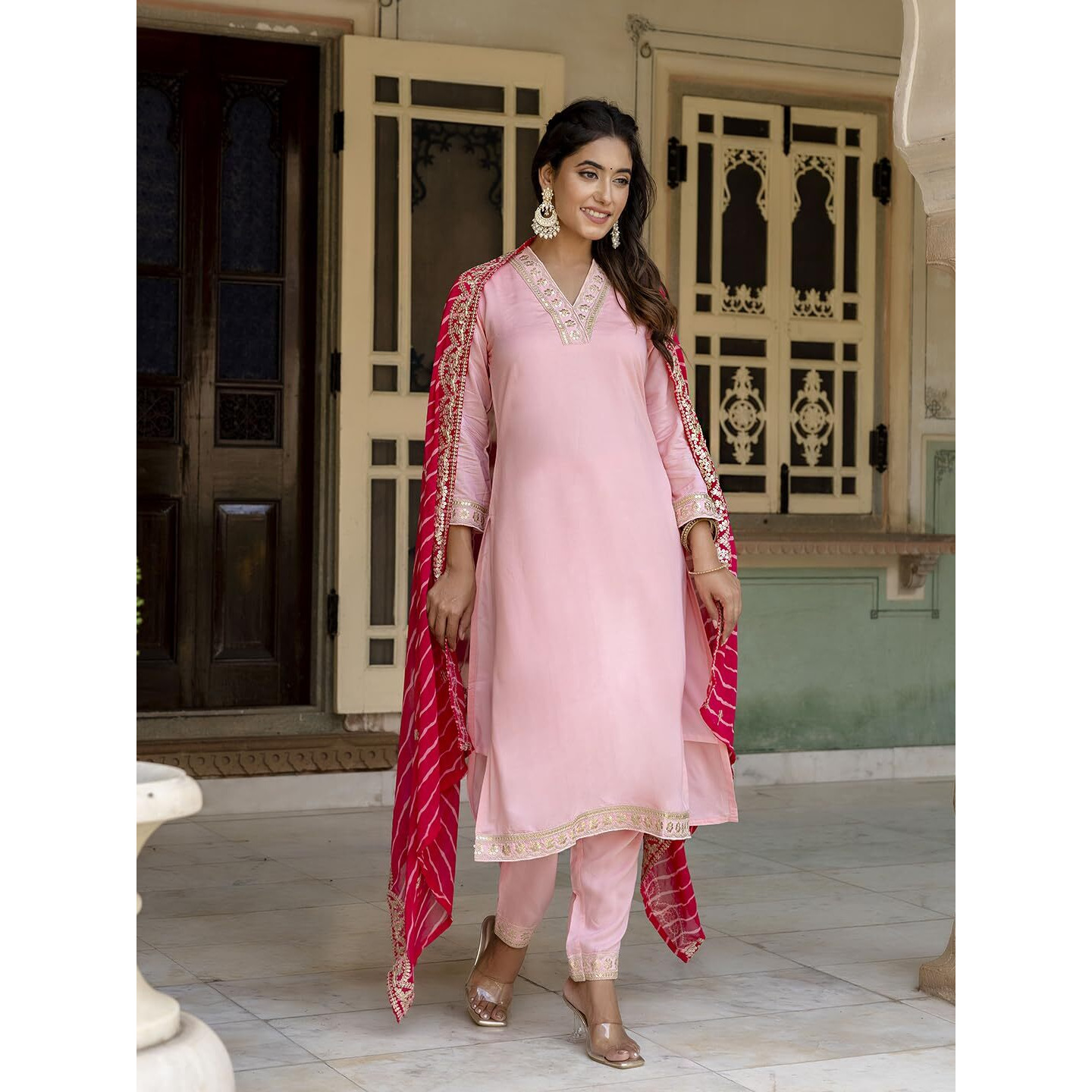 Navlik Women's Pink Viscose Embroidered Straight Kurta with Viscose Pant and Silk Blend Laced Dupatta Sets (NK2-450-Pink-M)