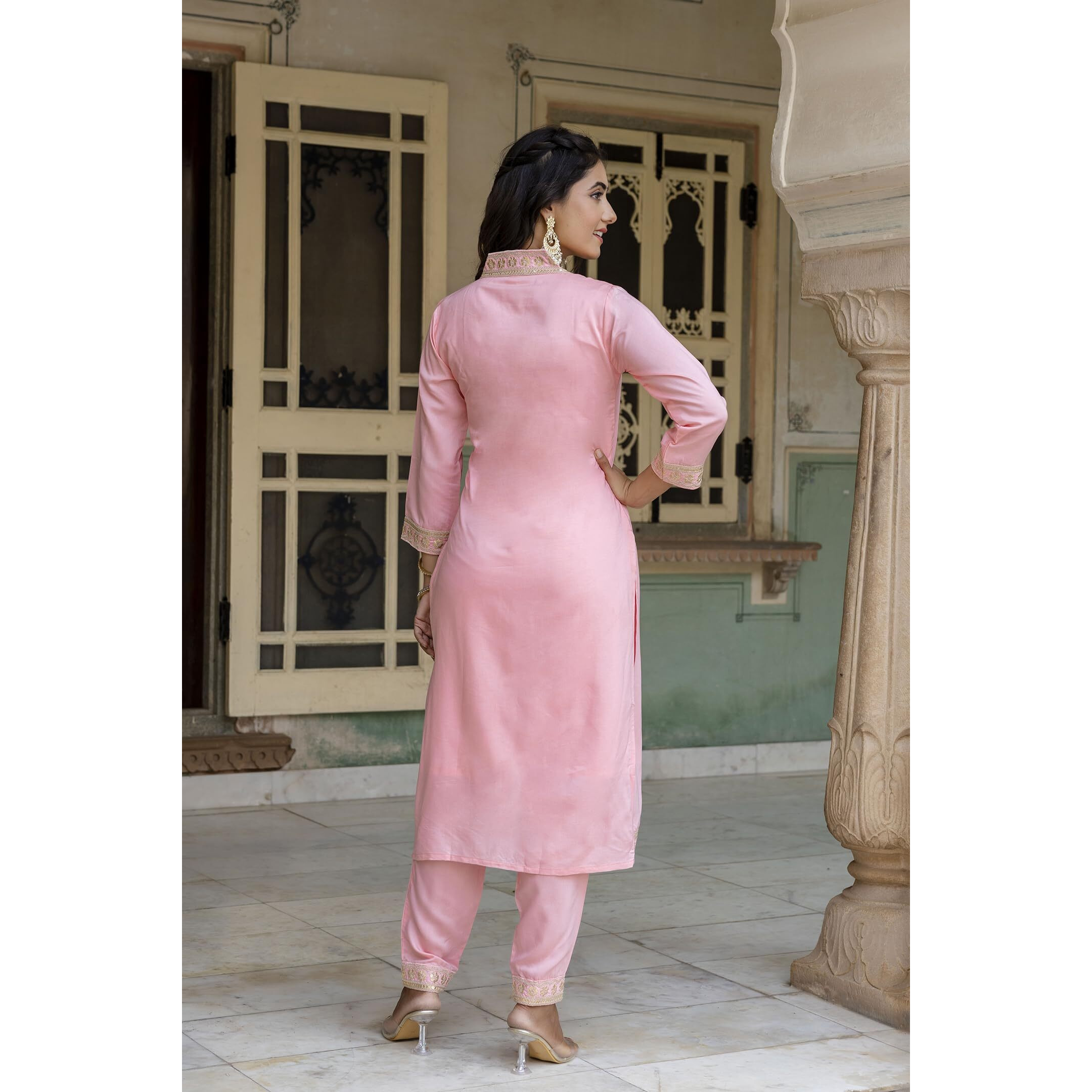 Navlik Women's Pink Viscose Embroidered Straight Kurta with Viscose Pant and Silk Blend Laced Dupatta Sets (NK2-450-Pink-M)