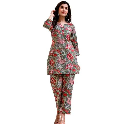 DHRUVI TRENDZ Regular Fit Formal Floral Printed Rayon Western Co-ord Set for Women(Available in 2XL and 3XL) (DT-W1731&TR822_Green_L)