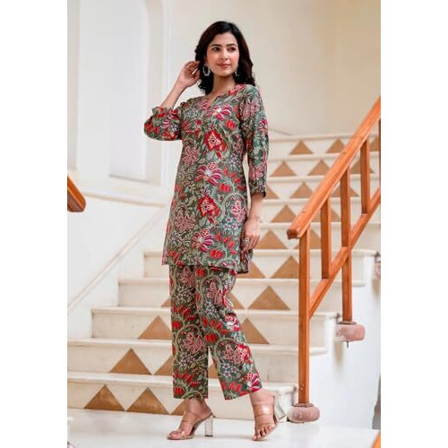 DHRUVI TRENDZ Regular Fit Formal Floral Printed Rayon Western Co-ord Set for Women(Available in 2XL and 3XL) (DT-W1731&TR822_Green_L)