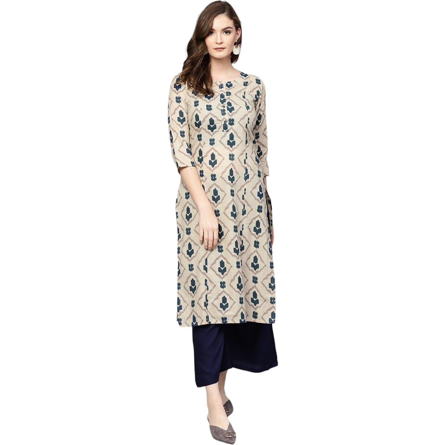 YUFTA Beige & Navy Blue Printed Pure Cotton Plus Size Kurta_(1555PKURBG_5XL)