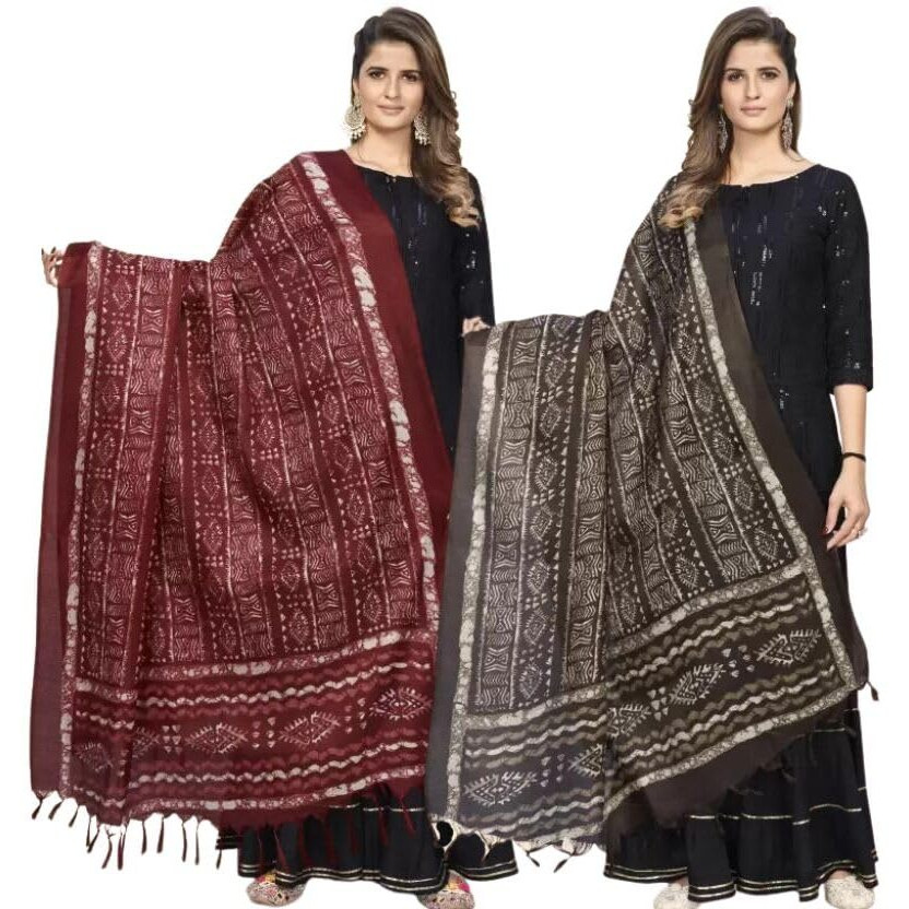KEMZA Women's Block Printed Cotton Silk Dupatta Pack of 2 (Red-Brown) Combo Dupatta with Jaipuri Bagru Print