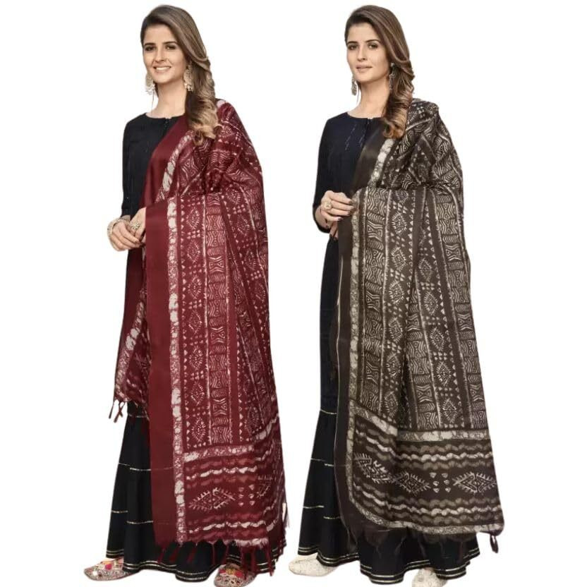 KEMZA Women's Block Printed Cotton Silk Dupatta Pack of 2 (Red-Brown) Combo Dupatta with Jaipuri Bagru Print