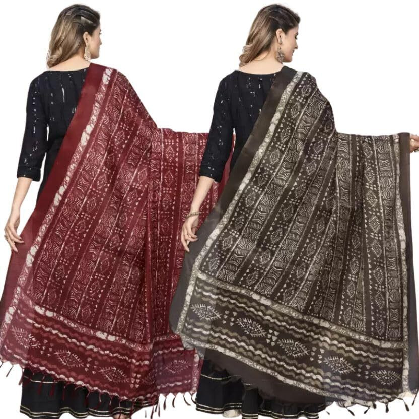 KEMZA Women's Block Printed Cotton Silk Dupatta Pack of 2 (Red-Brown) Combo Dupatta with Jaipuri Bagru Print