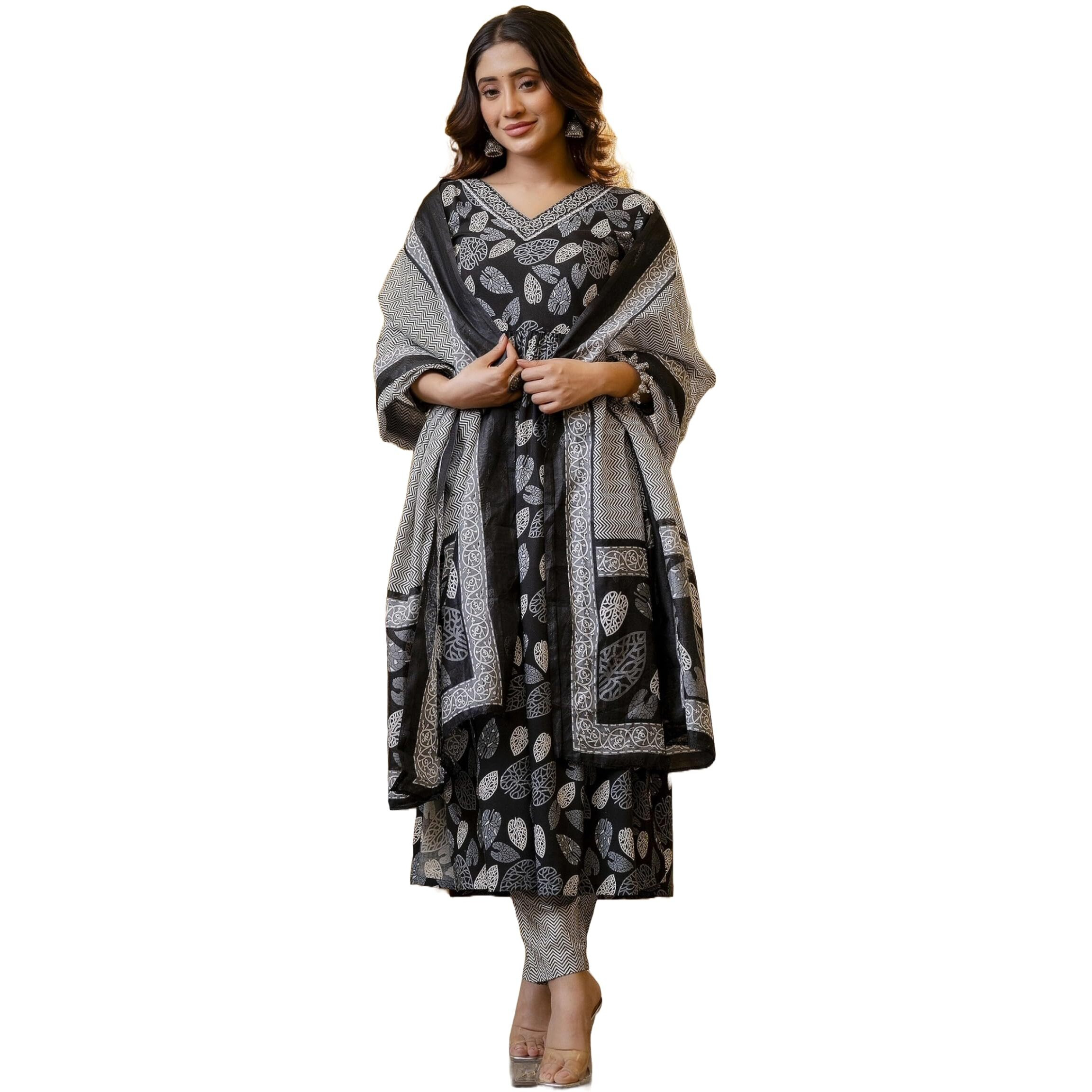 LookMark Women's Printed Cotton Blend Lace A-Line Kurta Pant Dupatta Set - Ethnic Elegance for Every Occasion Experience Comfort and Style with This Stunning Ensemble (AZ-LM-OG-KS2122-XL) Black