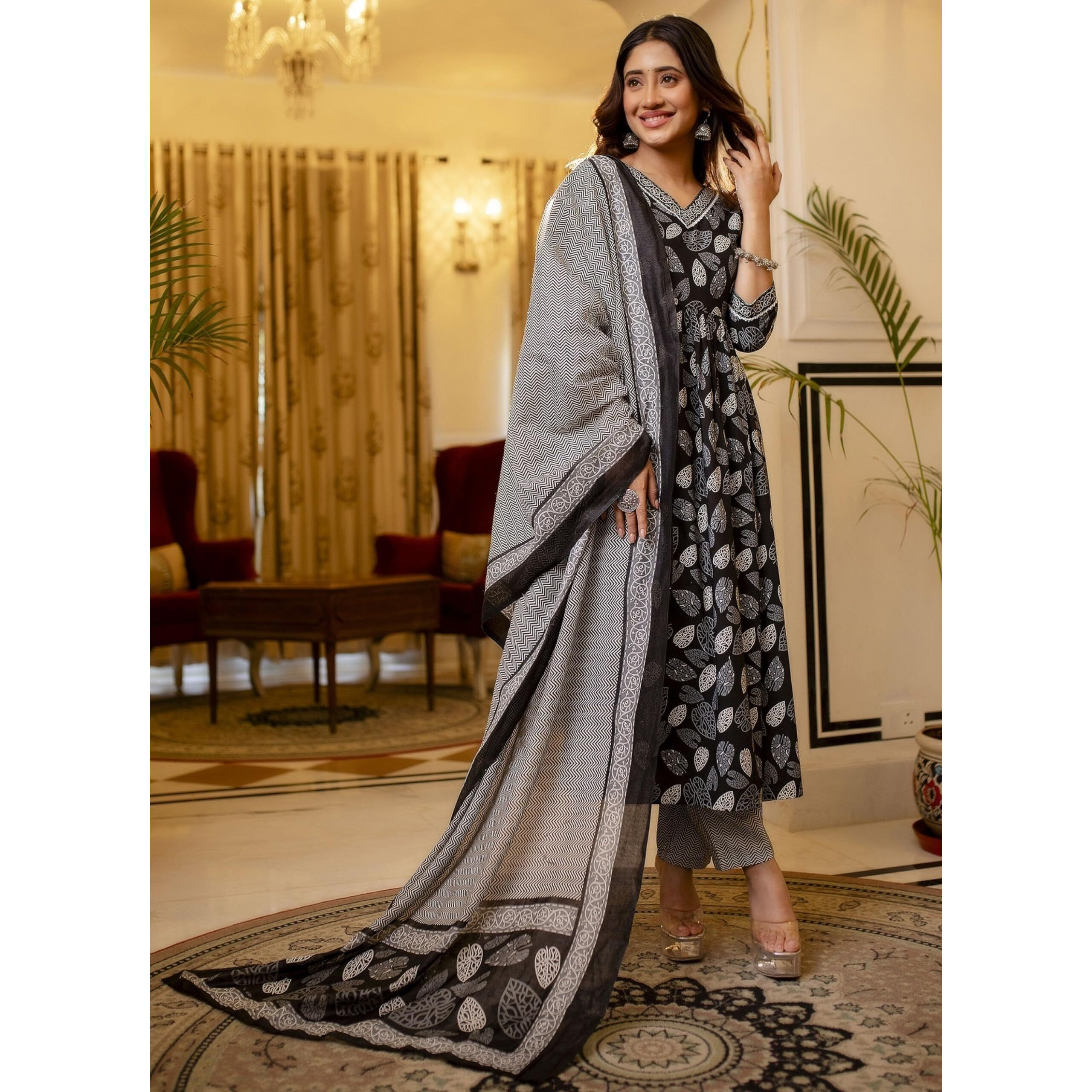 LookMark Women's Printed Cotton Blend Lace A-Line Kurta Pant Dupatta Set - Ethnic Elegance for Every Occasion Experience Comfort and Style with This Stunning Ensemble (AZ-LM-OG-KS2122-XL) Black