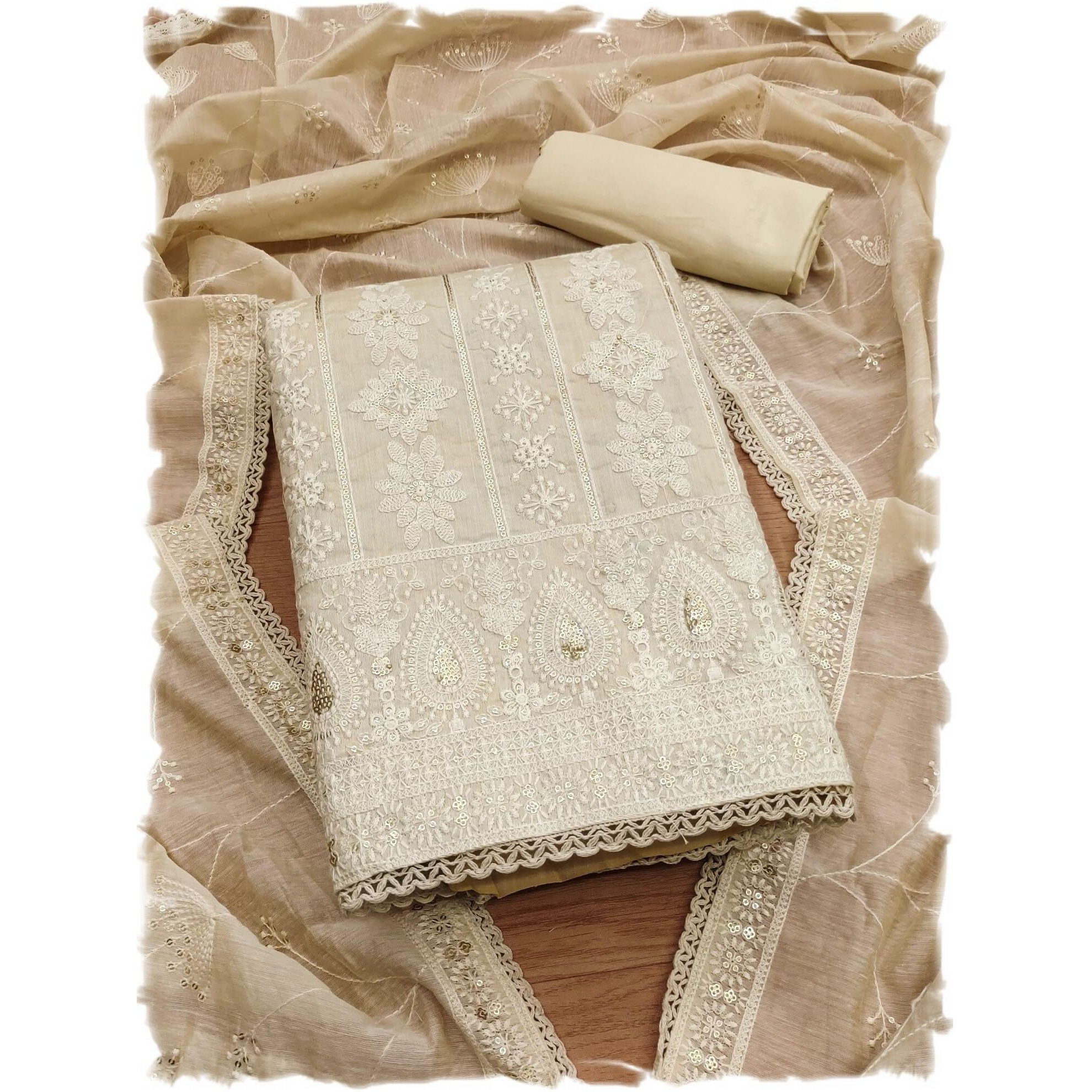 Panzora Women's Beige Elegant Lucknowi Work with Modal Chanderi and Embroidered Dupatta Unstitched Dress Material