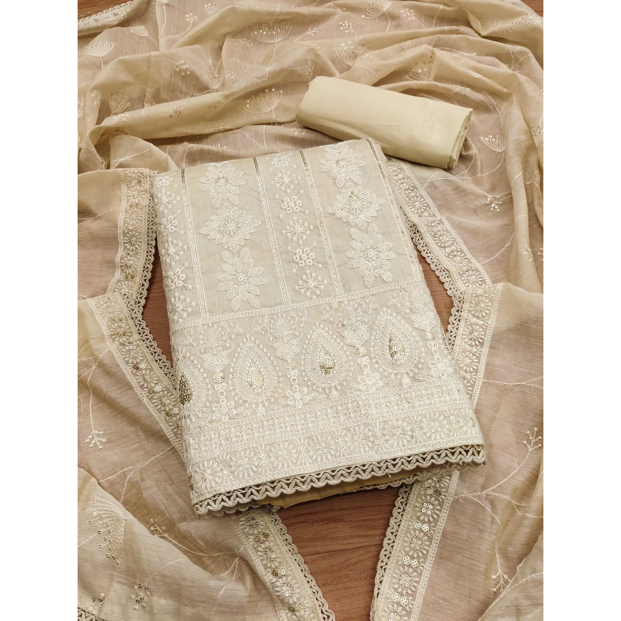 Panzora Women's Beige Elegant Lucknowi Work with Modal Chanderi and Embroidered Dupatta Unstitched Dress Material