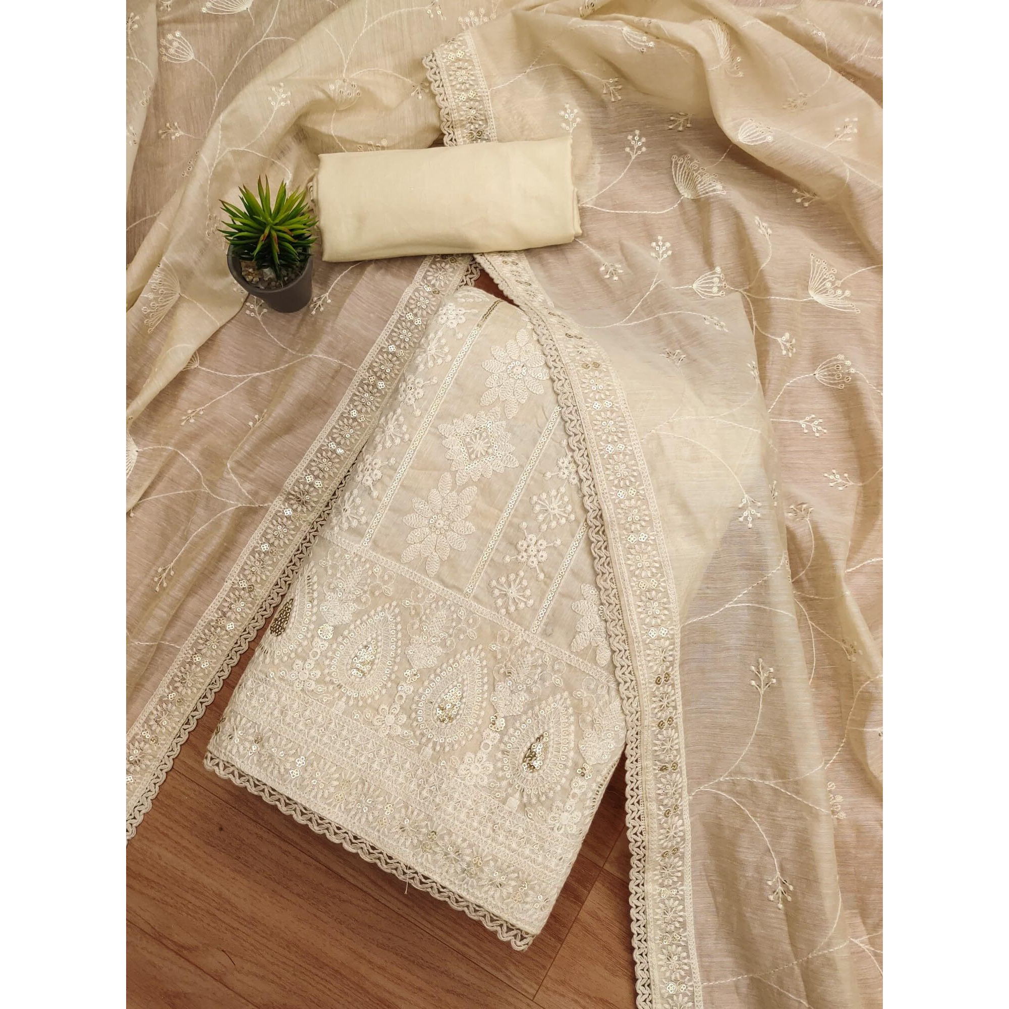 Panzora Women's Beige Elegant Lucknowi Work with Modal Chanderi and Embroidered Dupatta Unstitched Dress Material