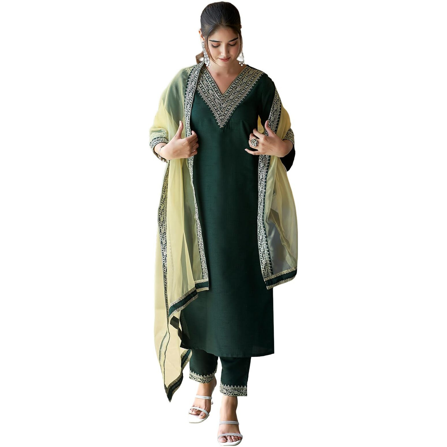 SWARON Women's Silk Sequence Embroidery Work Straight Kurta With Pant And Dupatta | Ethnic Set | Suit Set | Kurta Set(104KBD1136NW-L_Dark Green)