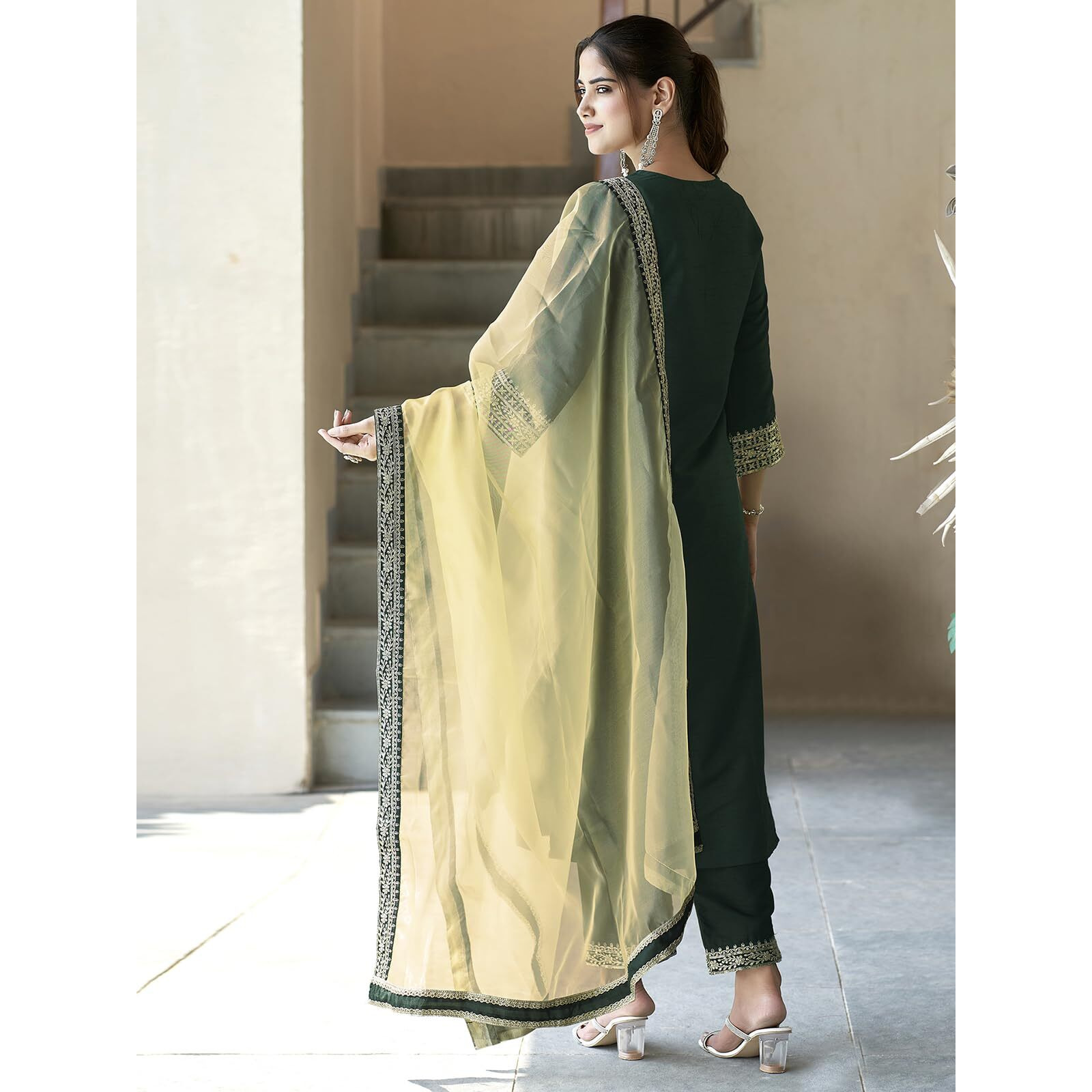 SWARON Women's Silk Sequence Embroidery Work Straight Kurta With Pant And Dupatta | Ethnic Set | Suit Set | Kurta Set(104KBD1136NW-L_Dark Green)
