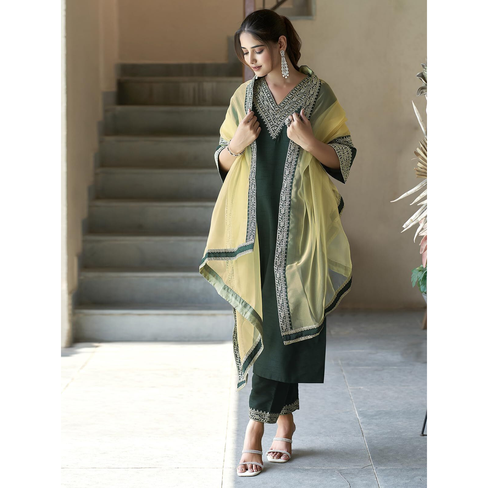 SWARON Women's Silk Sequence Embroidery Work Straight Kurta With Pant And Dupatta | Ethnic Set | Suit Set | Kurta Set(104KBD1136NW-L_Dark Green)