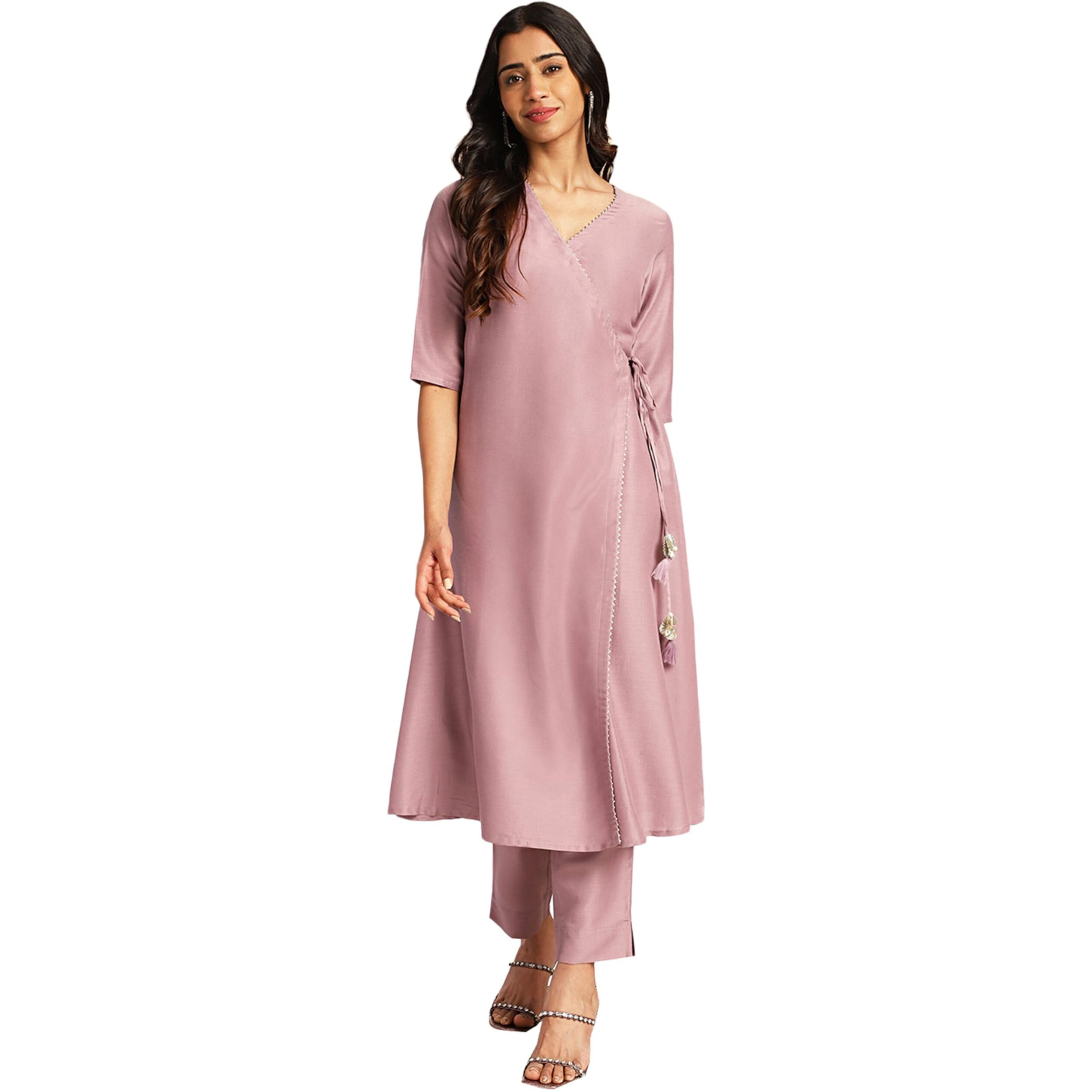 Janasya Women's Lavender Chinnon Solid Wrap Kurta Set(SET954-KR-PP-M)