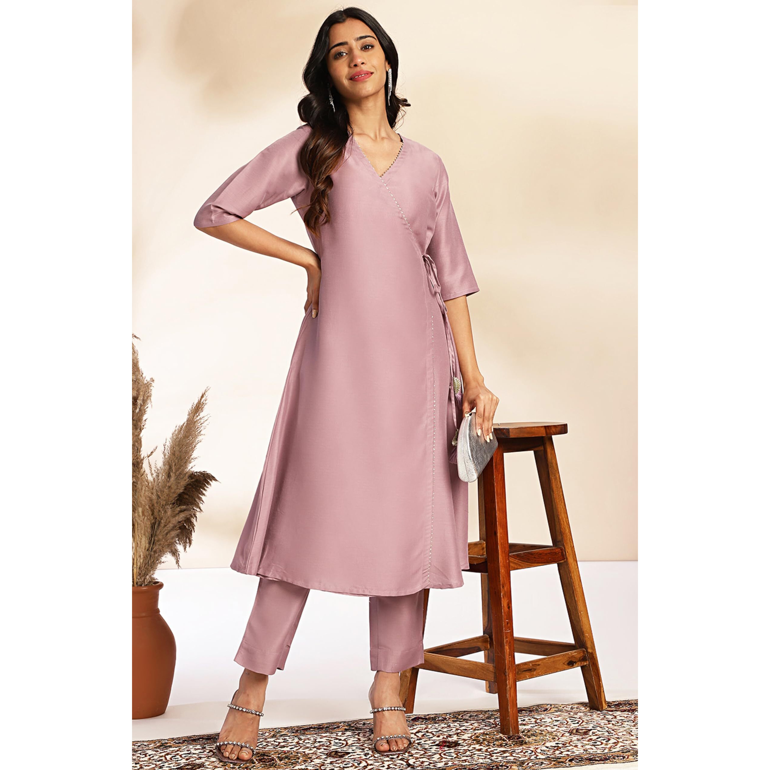 Janasya Women's Lavender Chinnon Solid Wrap Kurta Set(SET954-KR-PP-M)