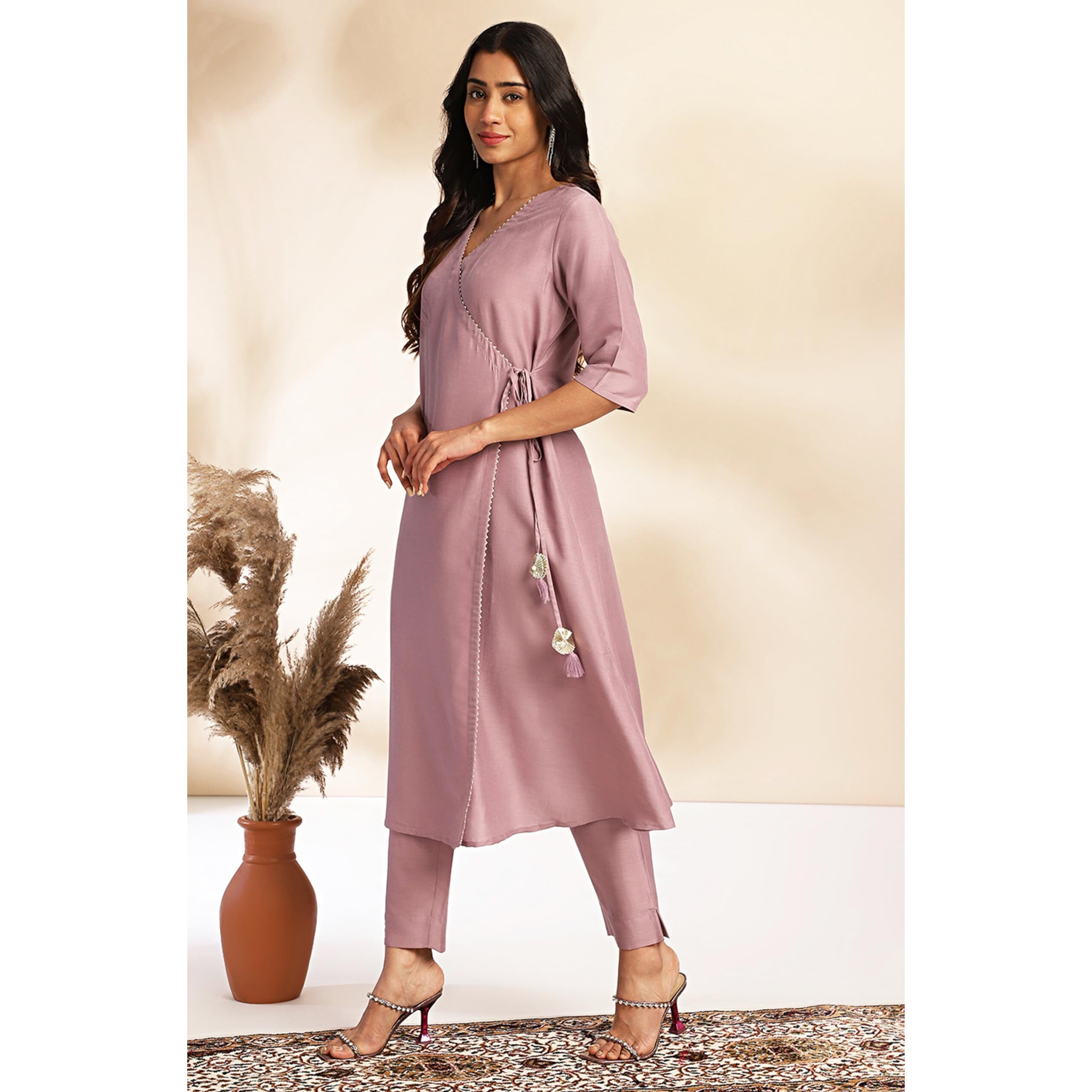 Janasya Women's Lavender Chinnon Solid Wrap Kurta Set(SET954-KR-PP-M)