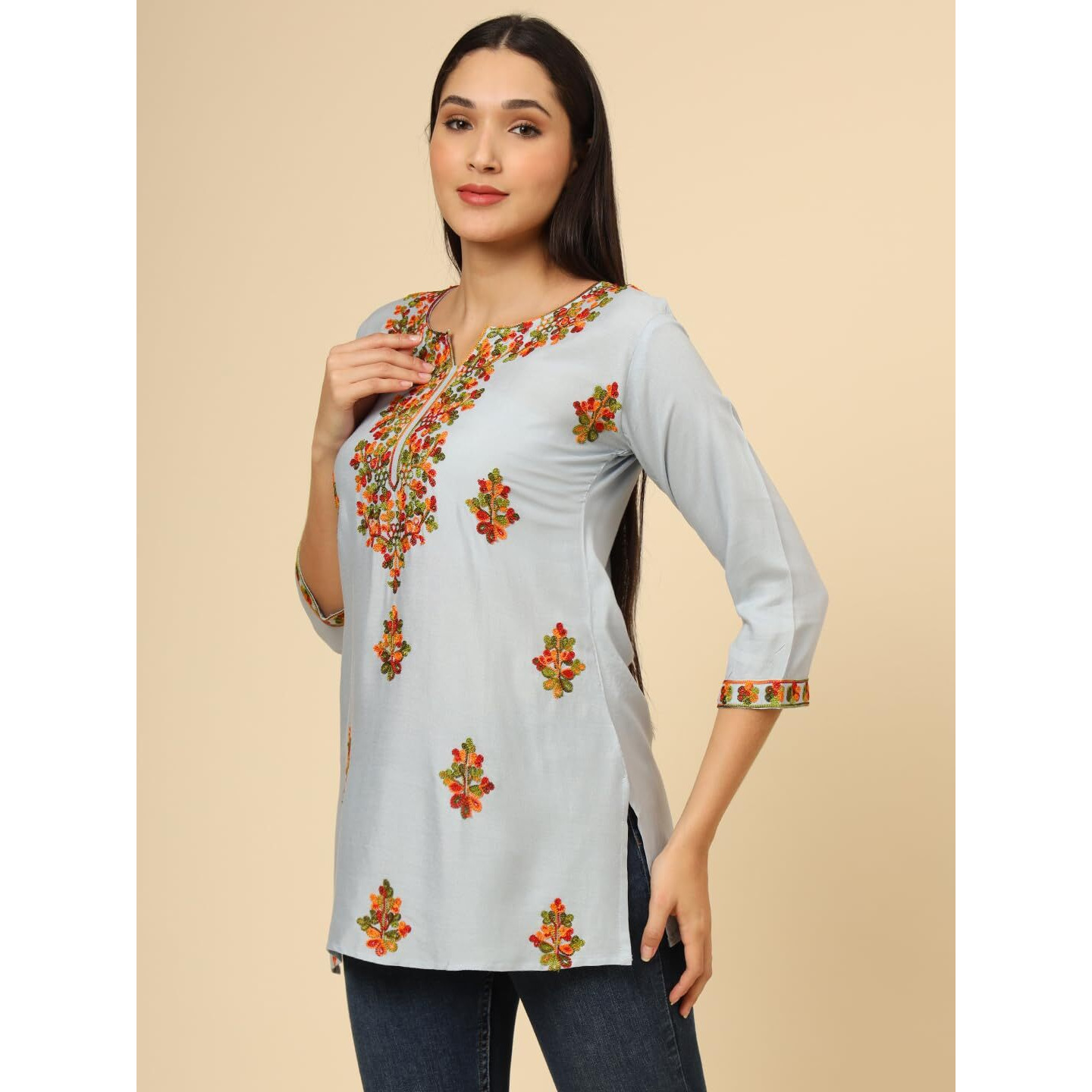 VAIRAGEE Women's Rayon Straight Cut Round Neck Kurta with Beautiful Lucknowi Chickenkari Work (1681) Grey