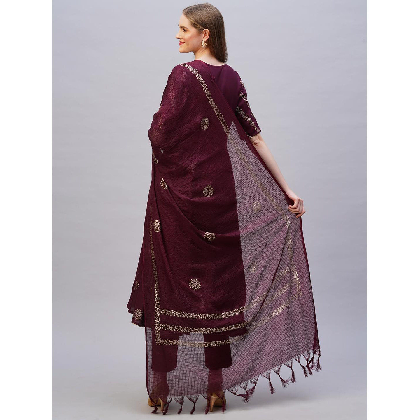 GoSriKi Women's Rayon Blend Printed Anarkali Kurta with Pant & Dupatta (Berlin Wine-NB-GS_XL_Wine_X-Large)