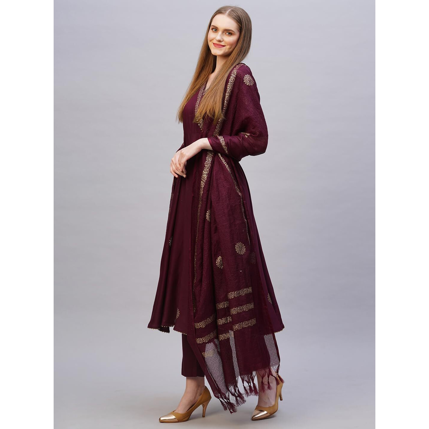 GoSriKi Women's Rayon Blend Printed Anarkali Kurta with Pant & Dupatta (Berlin Wine-NB-GS_XL_Wine_X-Large)