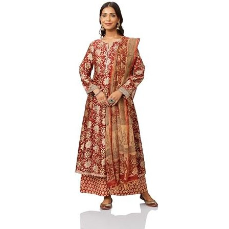 Amazon Brand - Myx Women's Silk Blend Salwar Suit (SS24-MYX-SGN-SKD-10_Red Floral Bagru_S)
