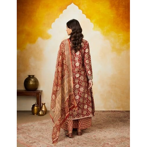 Amazon Brand - Myx Women's Silk Blend Salwar Suit (SS24-MYX-SGN-SKD-10_Red Floral Bagru_S)