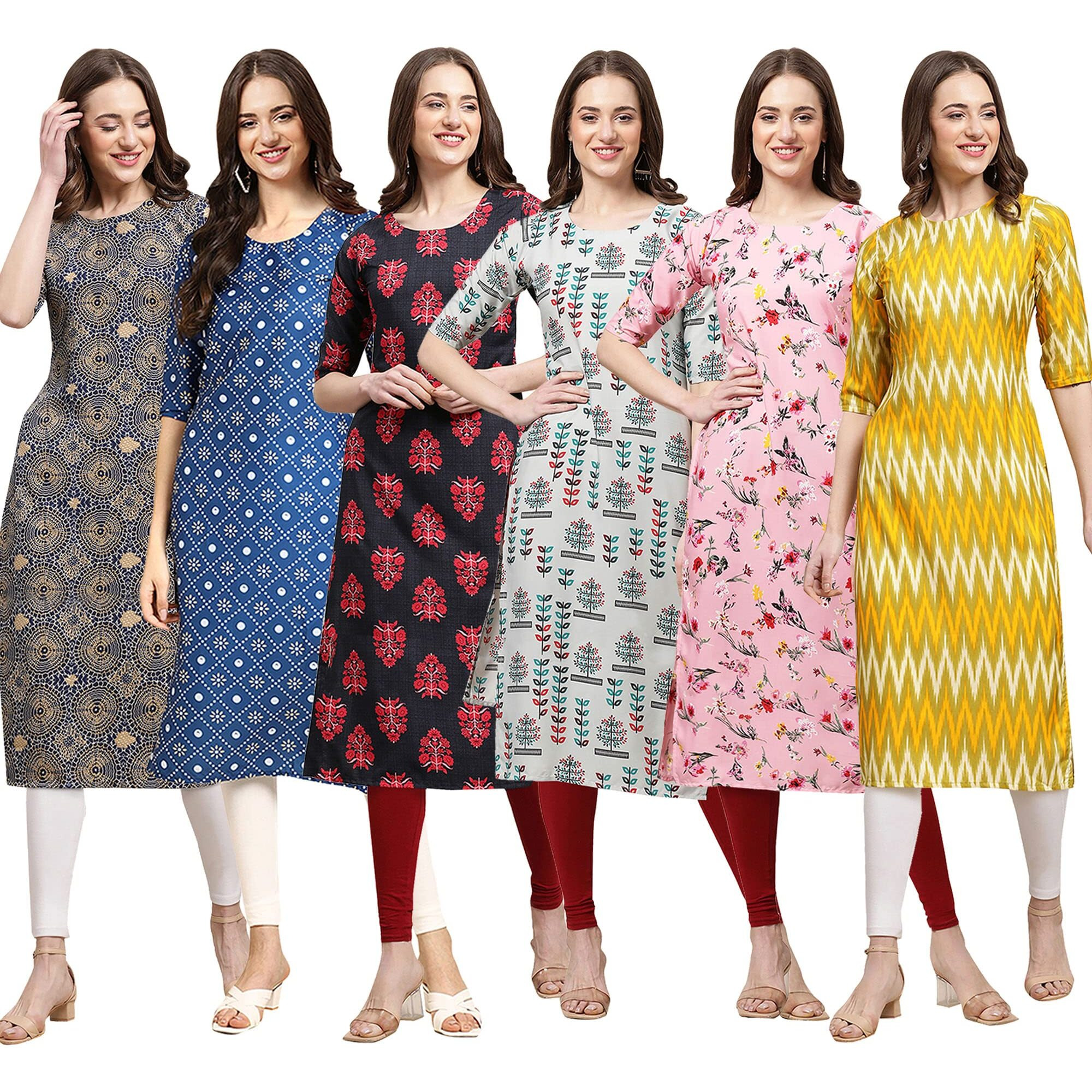 Pinkmint Women's Crepe Digital Print Straight Kurta Pack of 6 [CR-341-353-345-340-339-329-XXL]