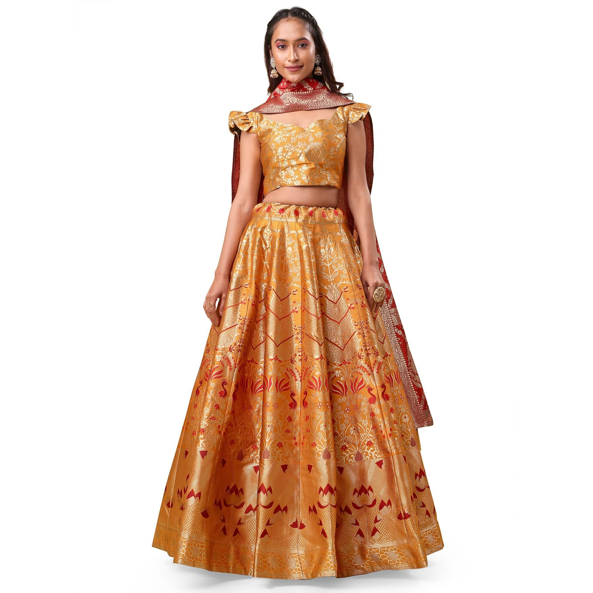 PURVAJA Women's Jacquard Semi-Stitched Lehenga choli (Lotus-Yellow_Yellow_Free Size)