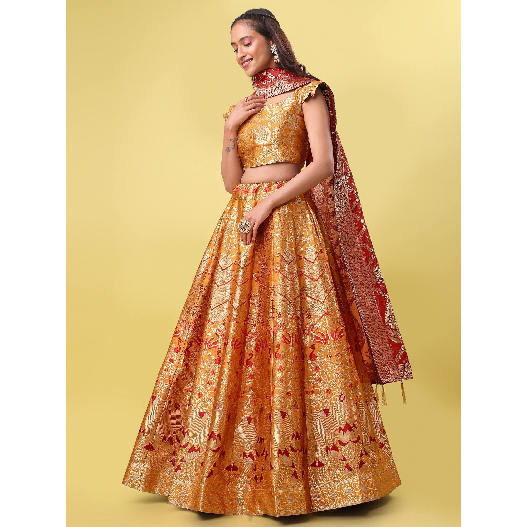 PURVAJA Women's Jacquard Semi-Stitched Lehenga choli (Lotus-Yellow_Yellow_Free Size)
