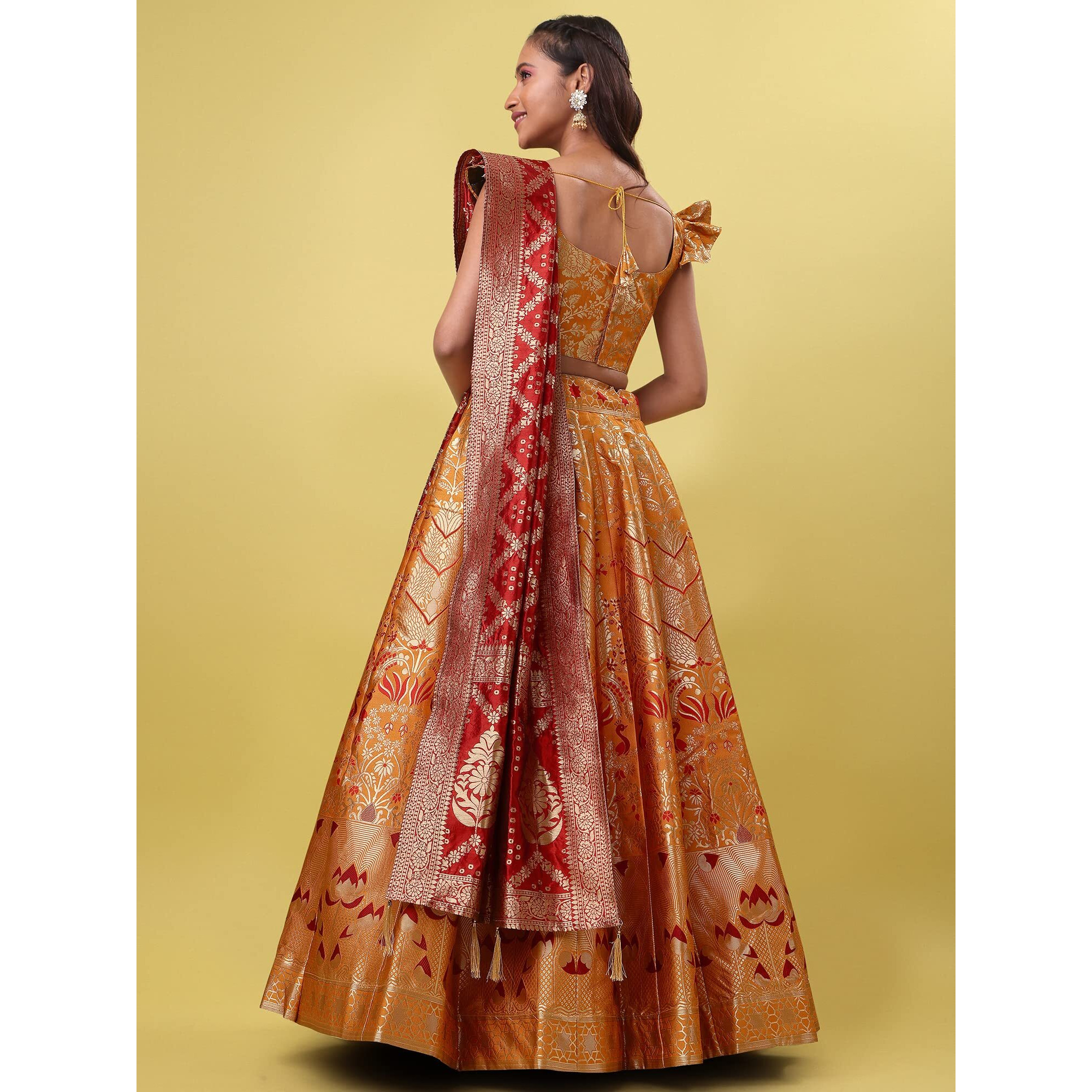 PURVAJA Women's Jacquard Semi-Stitched Lehenga choli (Lotus-Yellow_Yellow_Free Size)