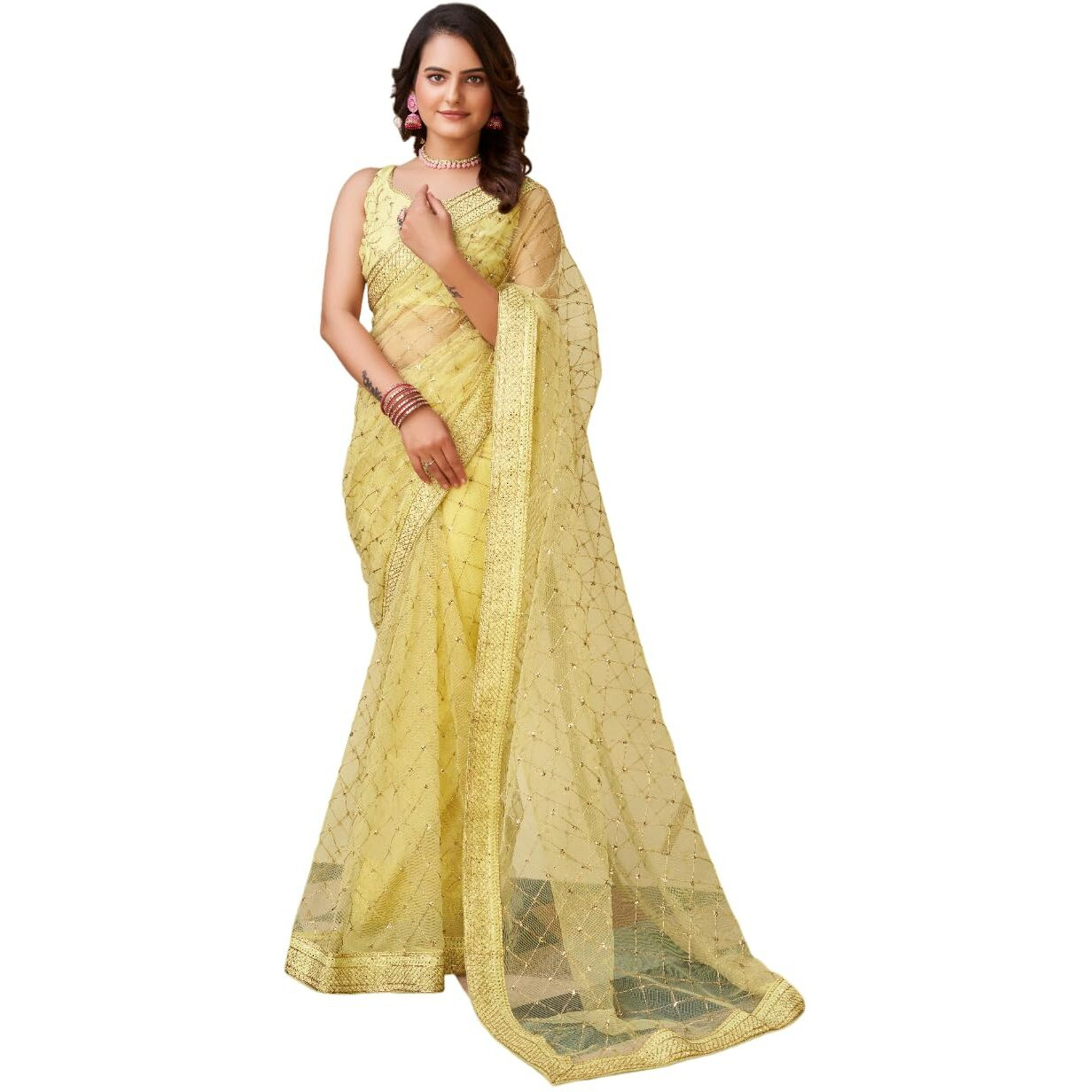 Ekasya Women Soft Net Yellow Embroidery Saree (E6097_5)