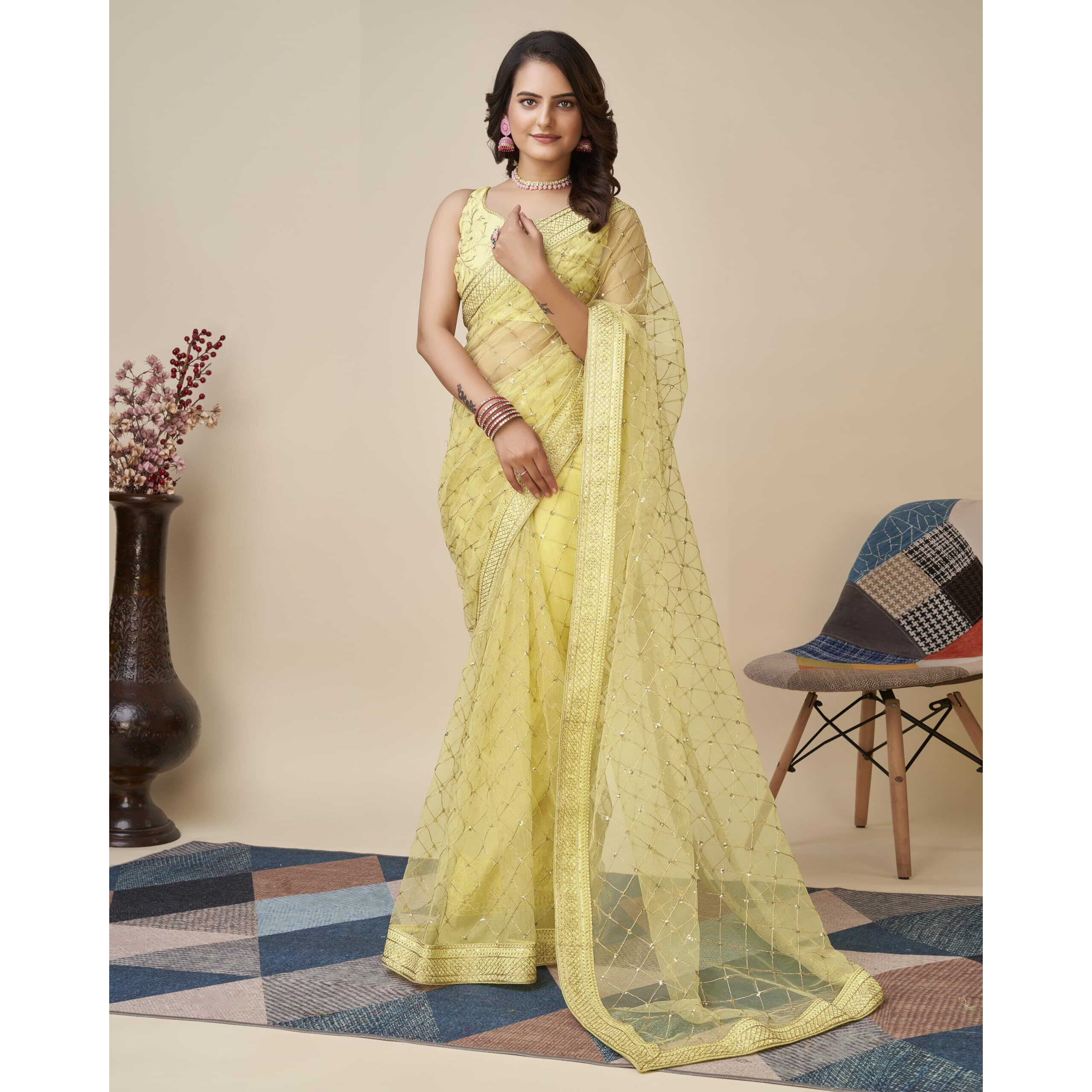 Ekasya Women Soft Net Yellow Embroidery Saree (E6097_5)