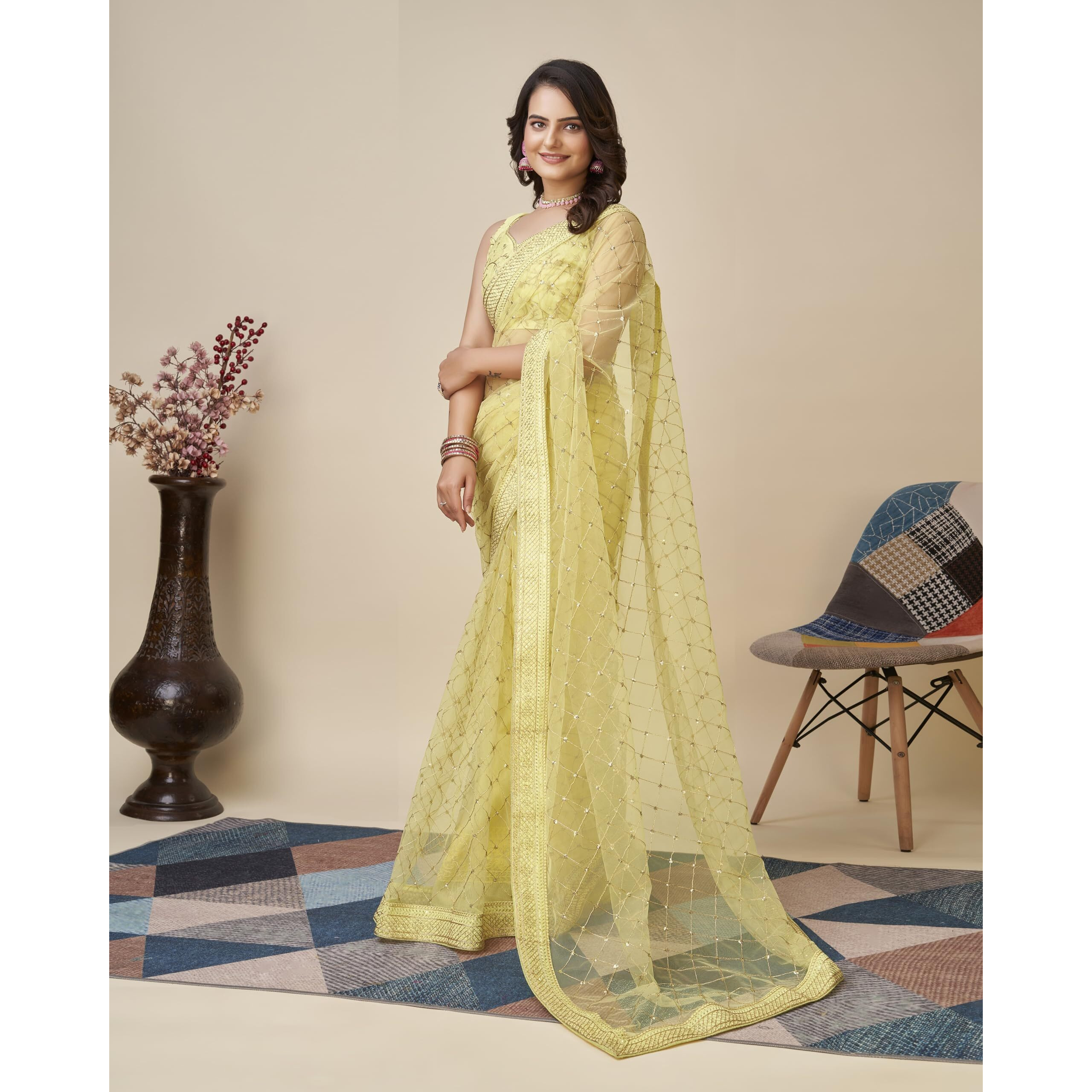 Ekasya Women Soft Net Yellow Embroidery Saree (E6097_5)