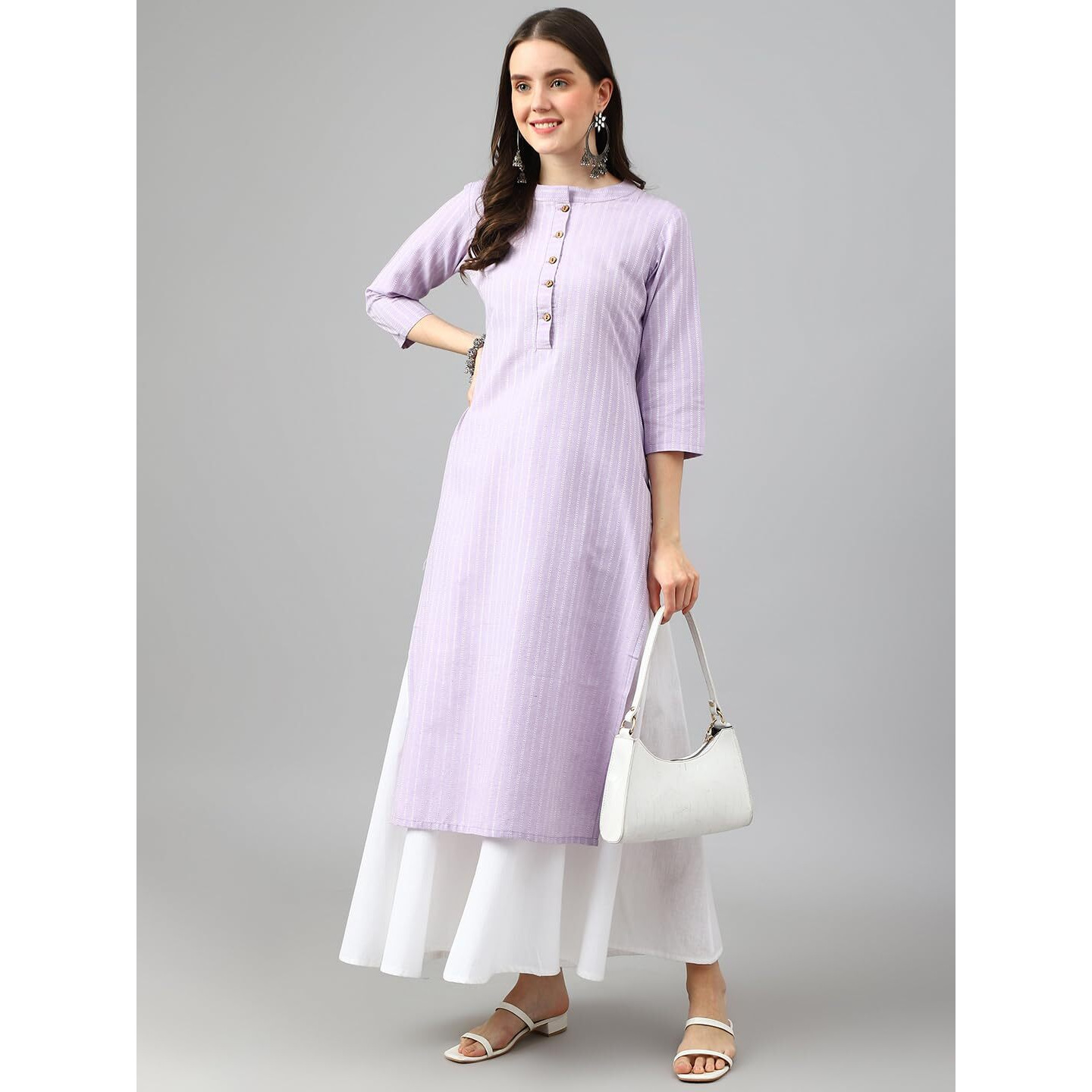 Hritika Women Purple Striped Self Design Straight Cotton Blend Kurta [ HRK0037LVNDR_XL ]_(HRK0037LVNDR_XL)