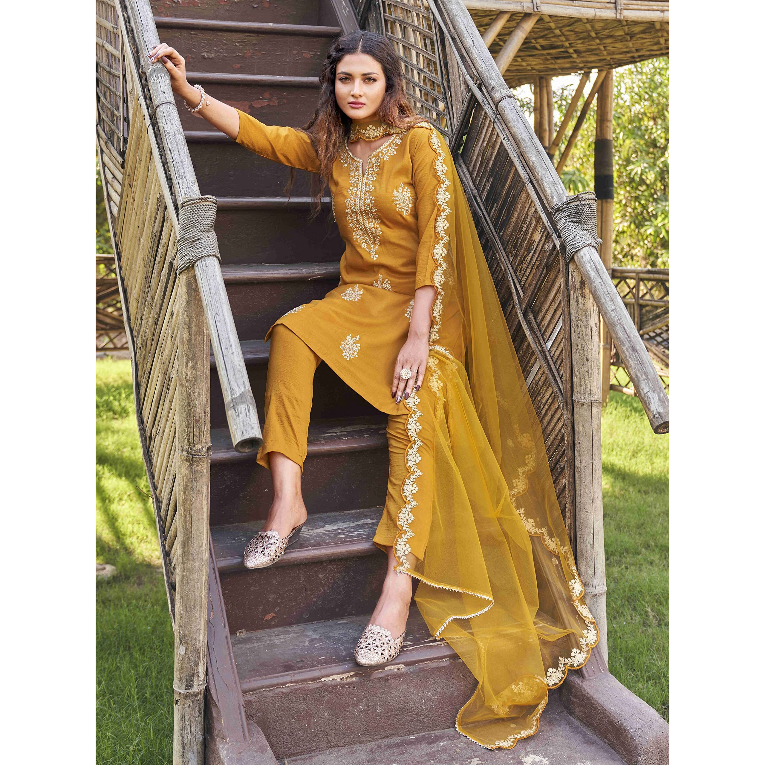 Womanista Women's Poly Crepe Salwar Suit (Salwar_1048A_Mustard_Xxl)