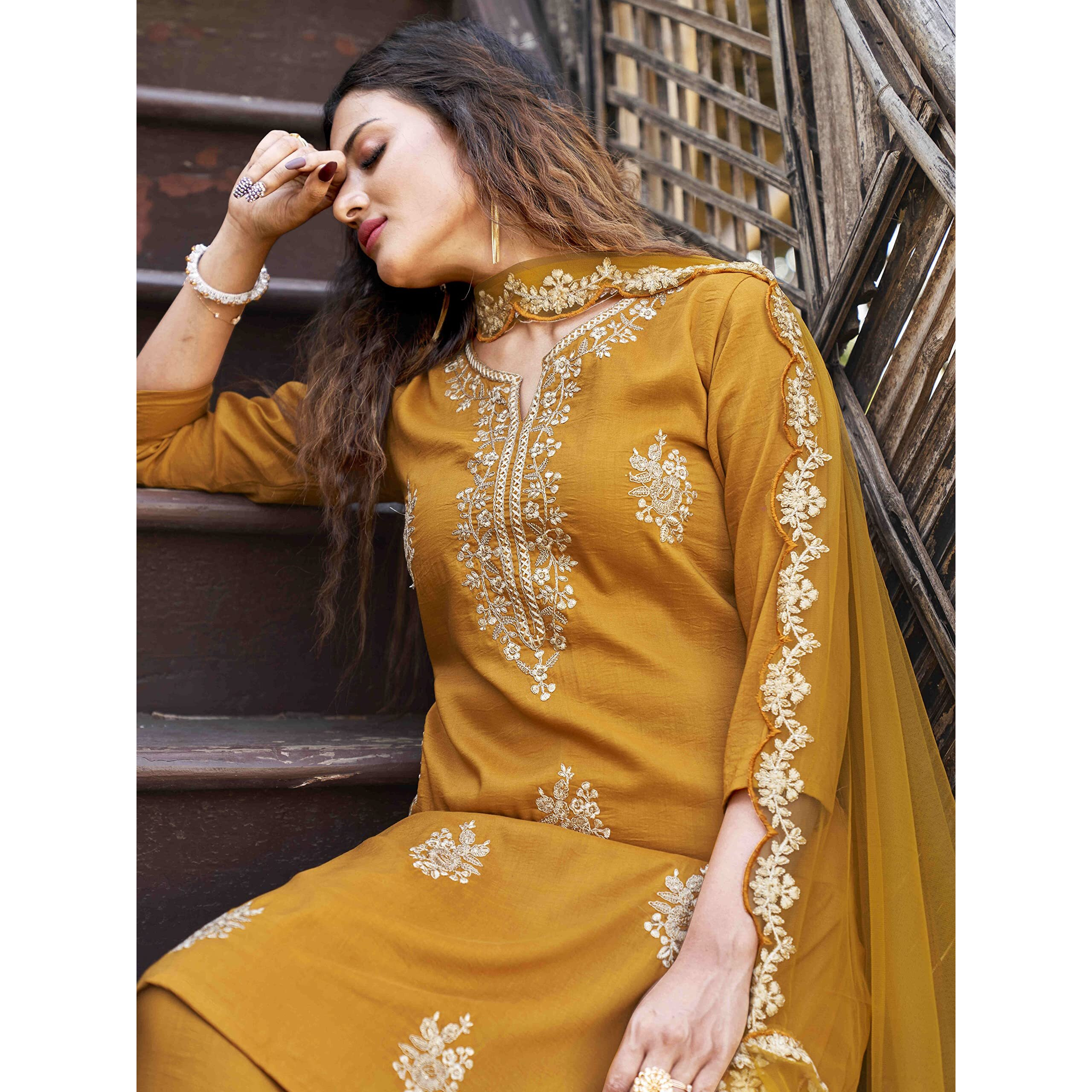 Womanista Women's Poly Crepe Salwar Suit (Salwar_1048A_Mustard_Xxl)