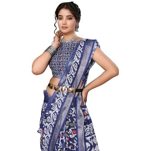 Yashika Women's Plain Digital Print Cotton Silk Blend Saree with Silver Weaving Border Tassels-Elegant Ethnic Wear for Festive and Casual Occasions (AZ-YS-P3-TIGER 01 to 06-Parent_Tiger 03-Navy)