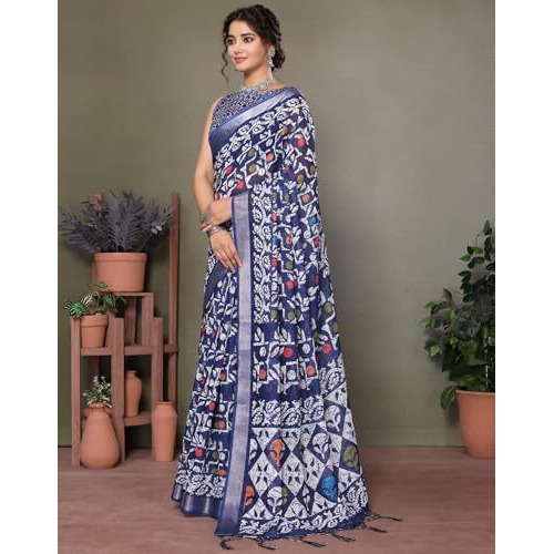 Yashika Women's Plain Digital Print Cotton Silk Blend Saree with Silver Weaving Border Tassels-Elegant Ethnic Wear for Festive and Casual Occasions (AZ-YS-P3-TIGER 01 to 06-Parent_Tiger 03-Navy)